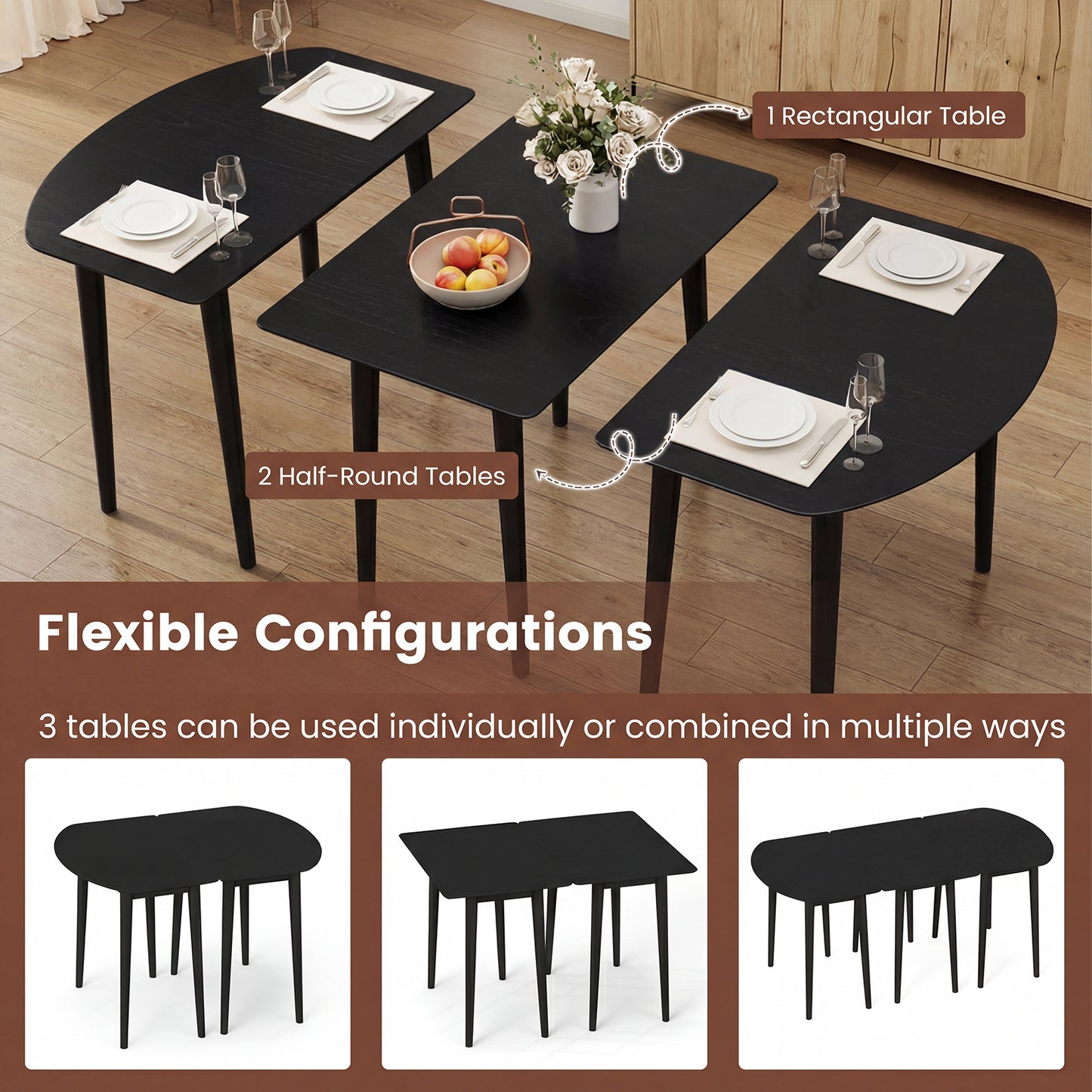 Extendable Oval Dining Table Set, 2 Half-Round Tables, Black Dining Tables at Gallery Canada