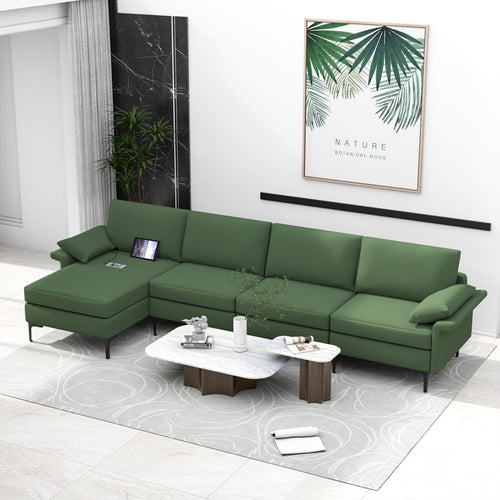 Extra Large L-Shaped Sectional Sofa, Reversible Chaise, 2 USB Ports, Army Green