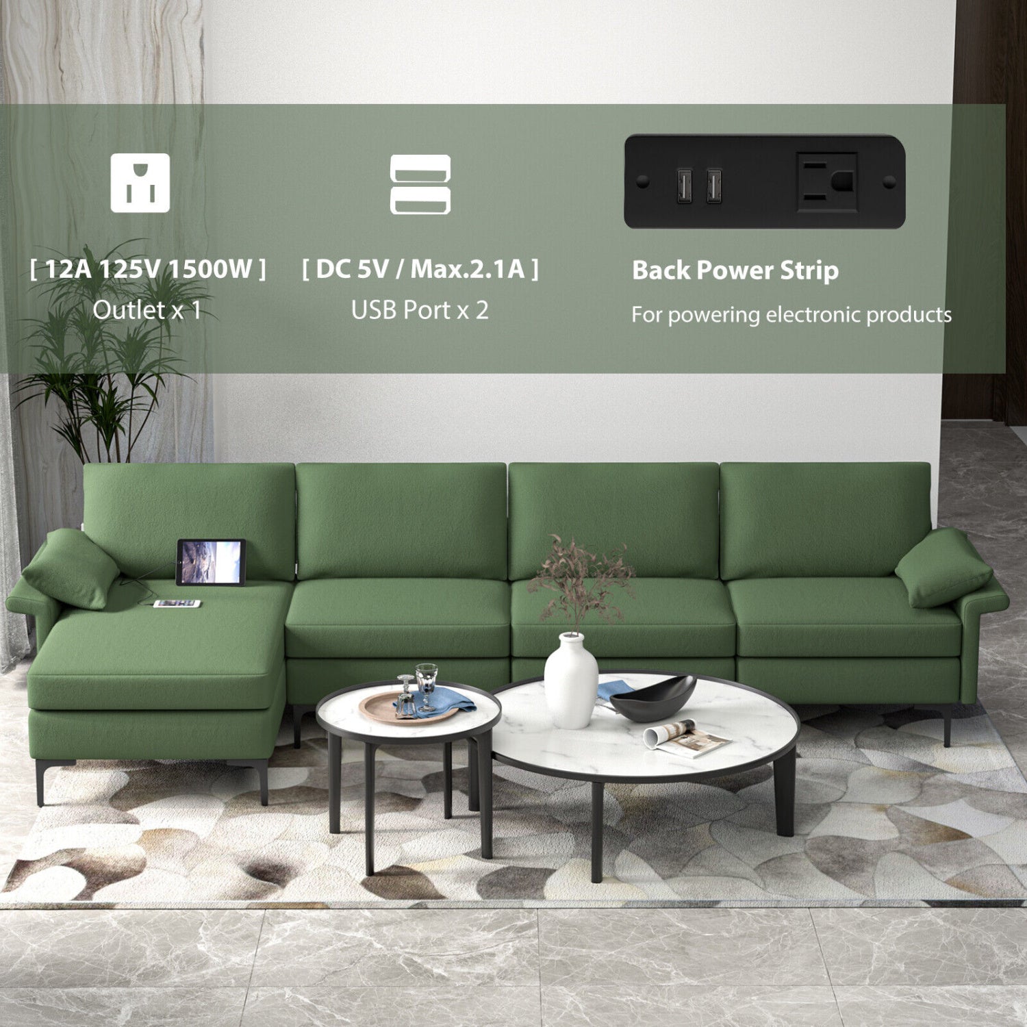 Extra Large L-Shaped Sectional Sofa, Reversible Chaise, 2 USB Ports, Army Green Sofas & Loveseats at Gallery Canada