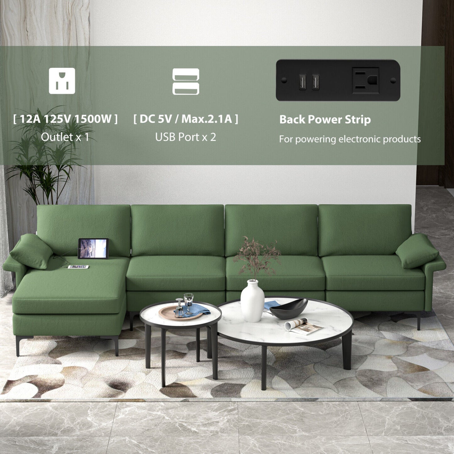 Extra Large L-Shaped Sectional Sofa, Reversible Chaise, 2 USB Ports, Army Green Sofas & Loveseats at Gallery Canada
