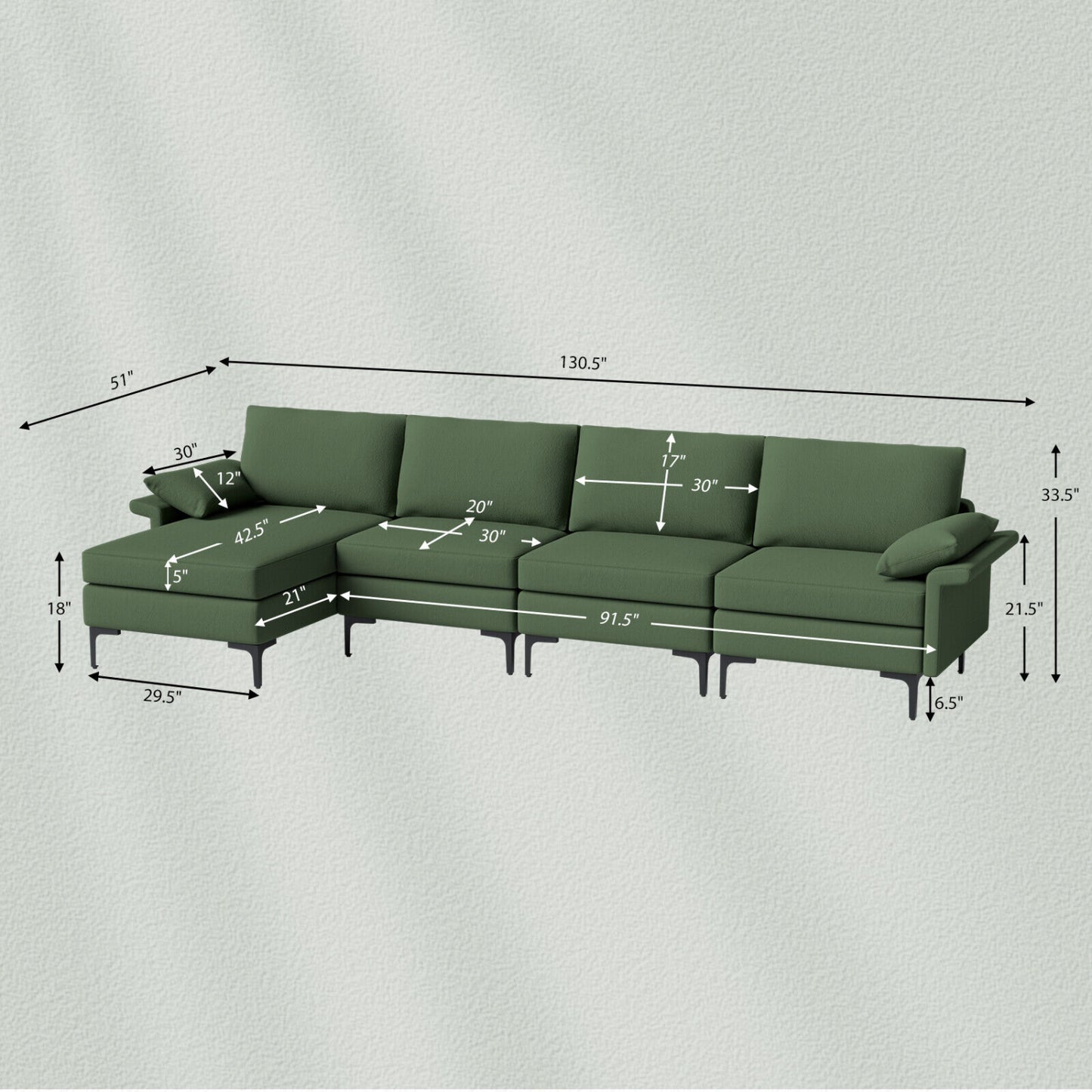 Extra Large L-Shaped Sectional Sofa, Reversible Chaise, 2 USB Ports, Army Green Sofas & Loveseats at Gallery Canada