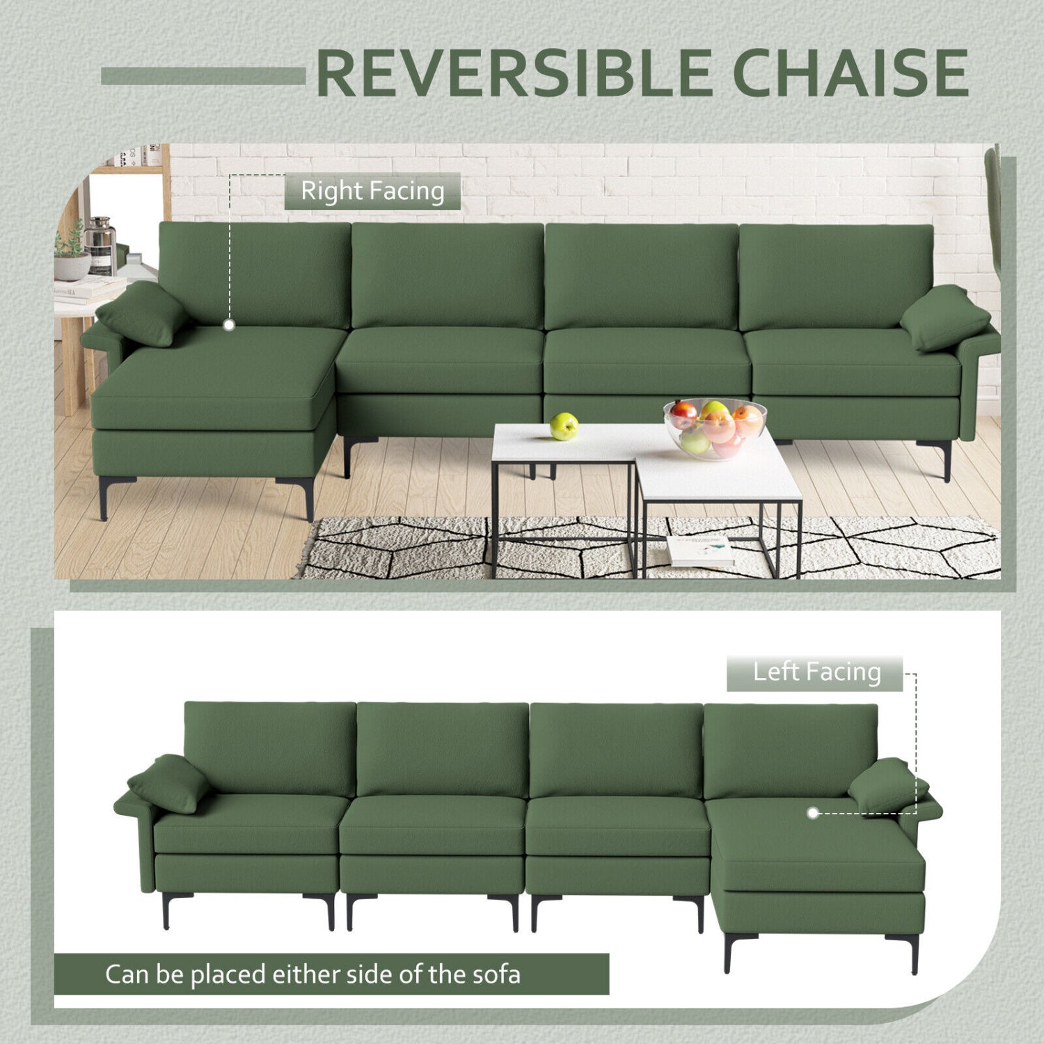 Extra Large L-Shaped Sectional Sofa, Reversible Chaise, 2 USB Ports, Army Green Sofas & Loveseats at Gallery Canada