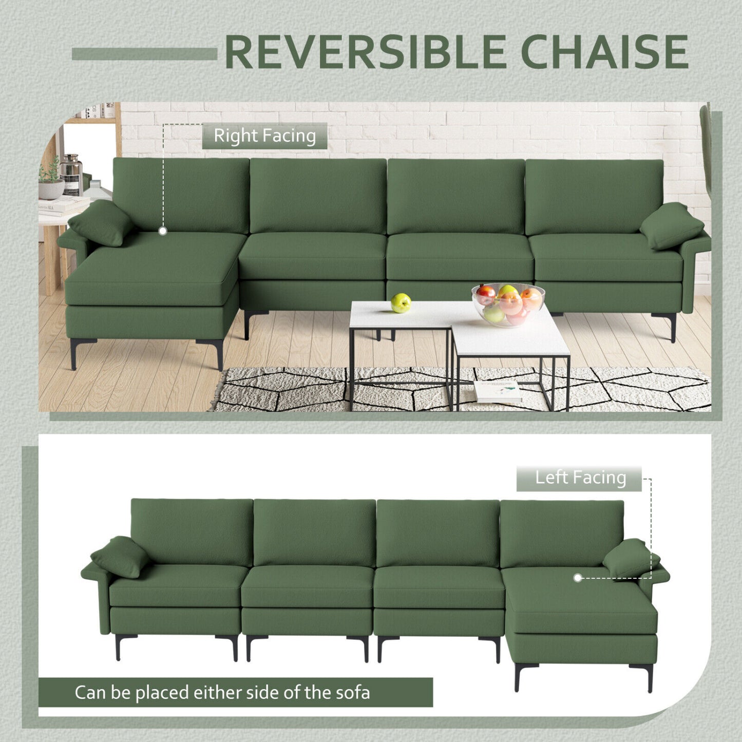 Extra Large L-Shaped Sectional Sofa, Reversible Chaise, 2 USB Ports, Army Green Sofas & Loveseats at Gallery Canada