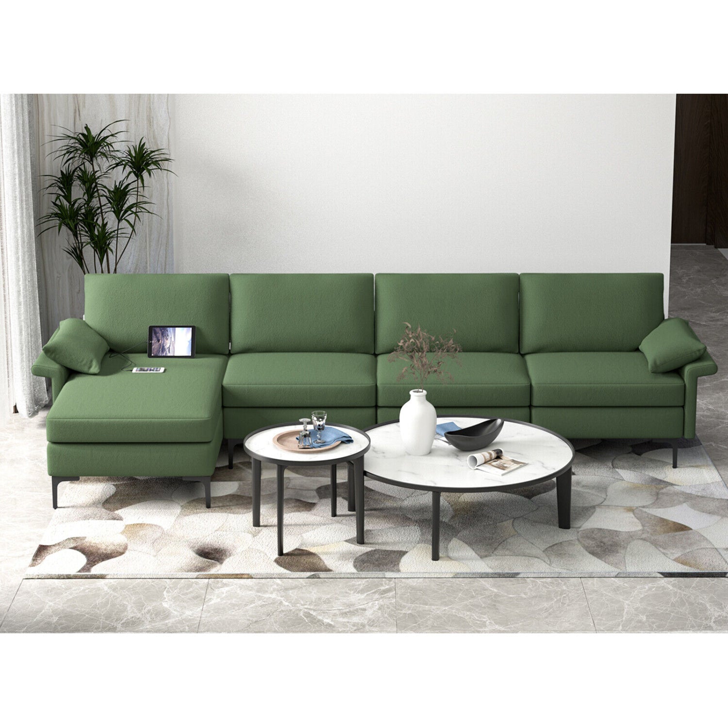 Extra Large L-Shaped Sectional Sofa, Reversible Chaise, 2 USB Ports, Army Green Sofas & Loveseats at Gallery Canada
