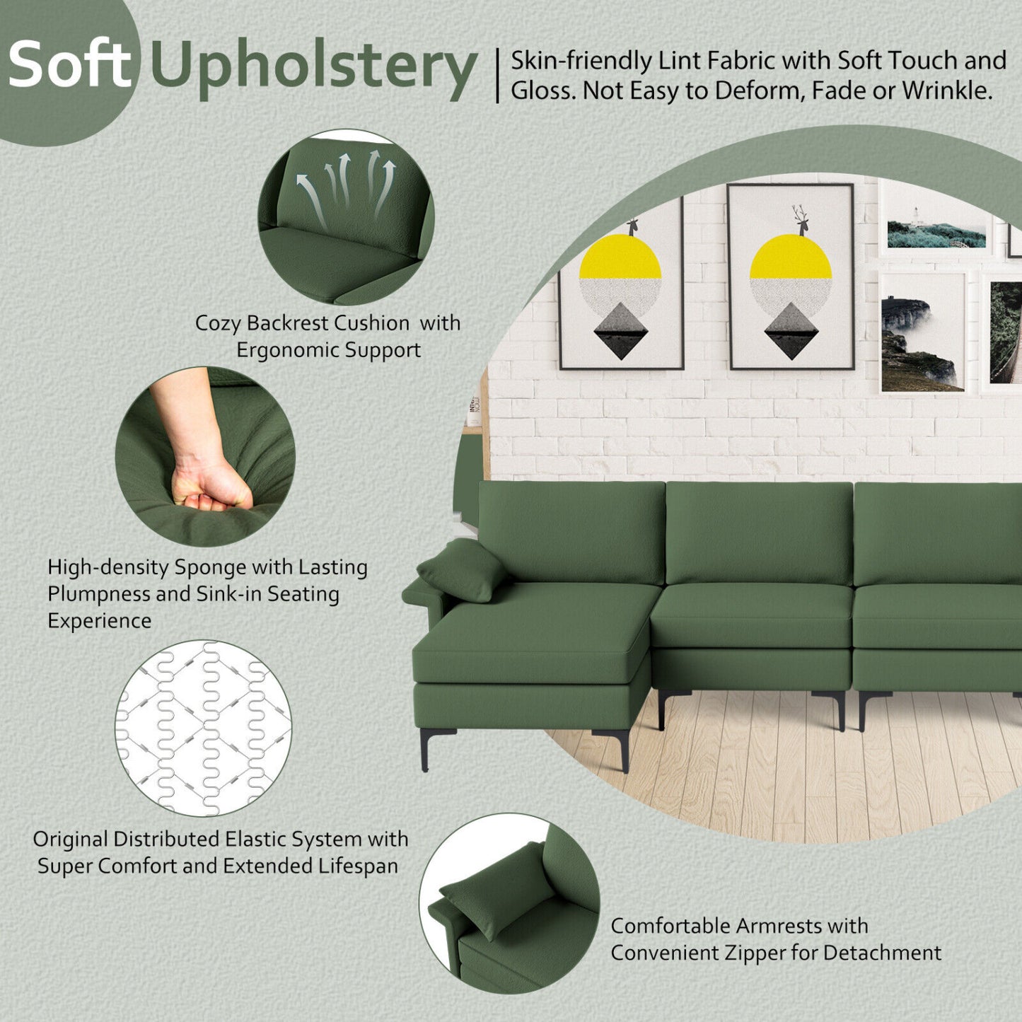 Extra Large L-Shaped Sectional Sofa, Reversible Chaise, 2 USB Ports, Army Green Sofas & Loveseats at Gallery Canada