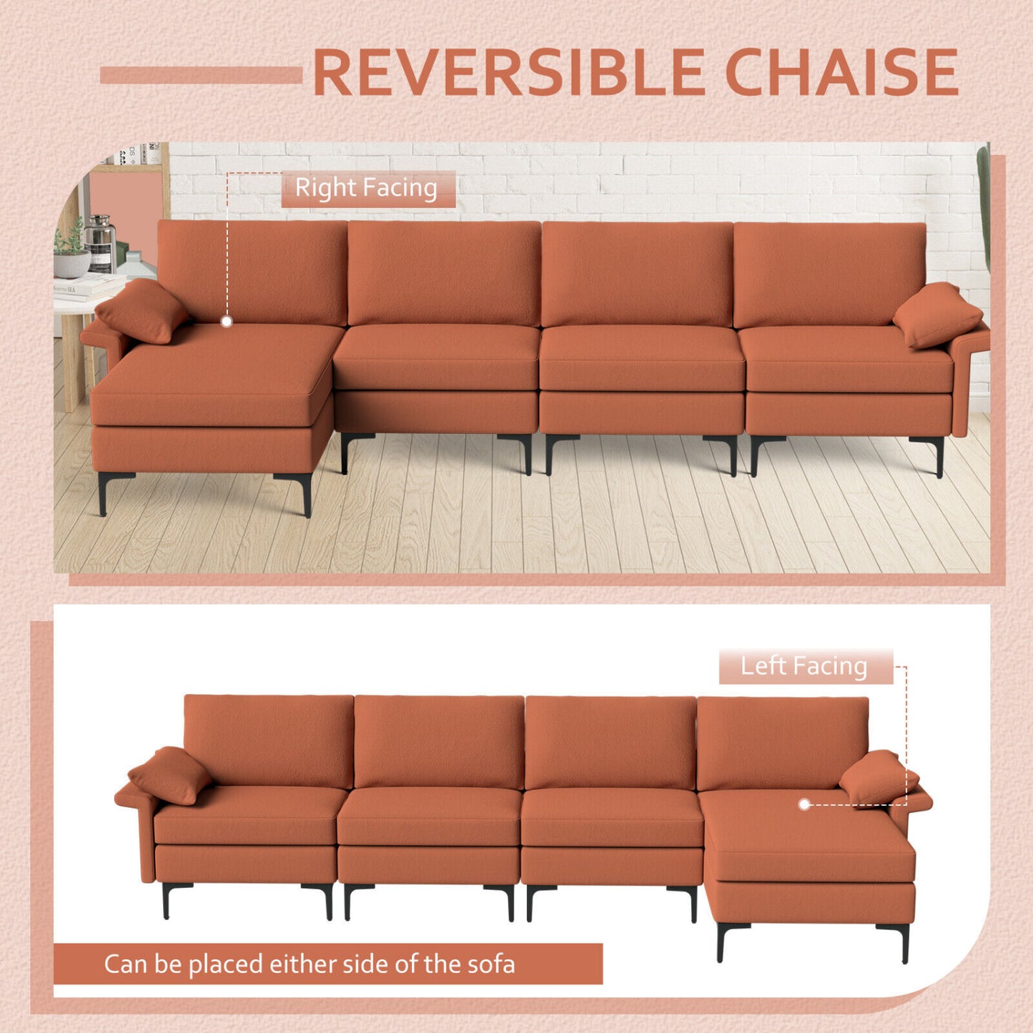 Extra Large L-Shaped Sectional Sofa, Reversible Chaise, 2 USB Ports, Red Sofas & Loveseats at Gallery Canada
