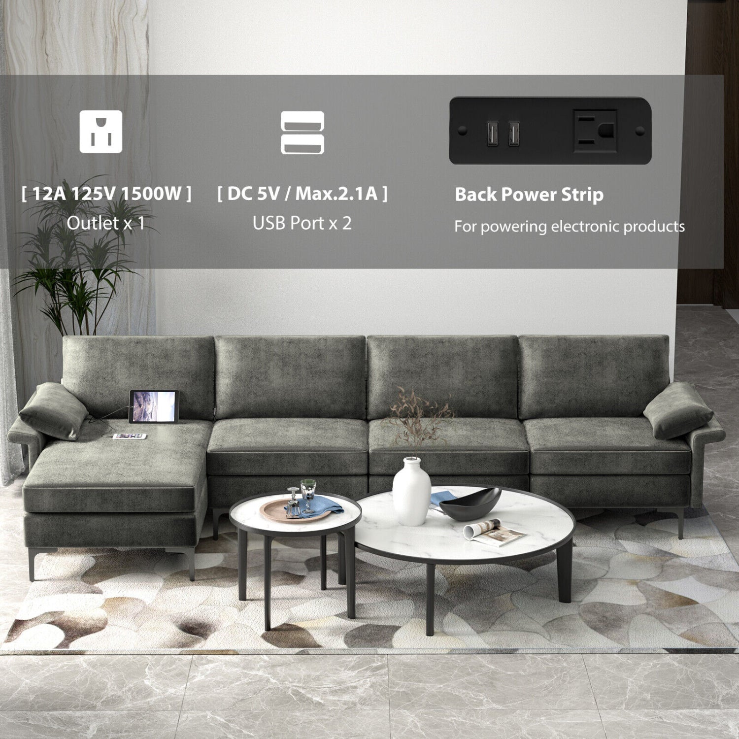 Extra Large L-Shaped Sectional Sofa, Reversible Chaise, 2 USB Ports, Gray Sofas & Loveseats at Gallery Canada