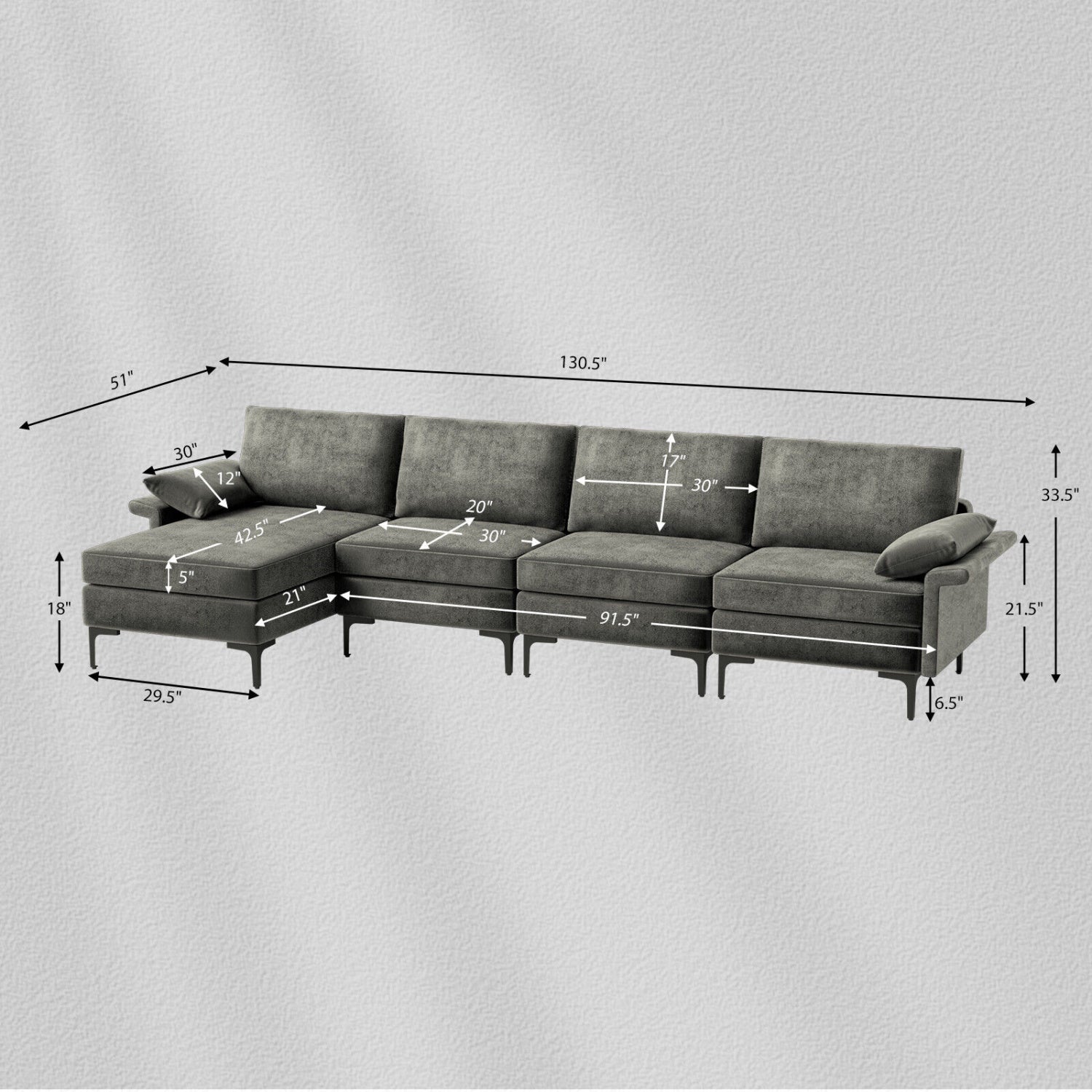Extra Large L-Shaped Sectional Sofa, Reversible Chaise, 2 USB Ports, Gray Sofas & Loveseats at Gallery Canada