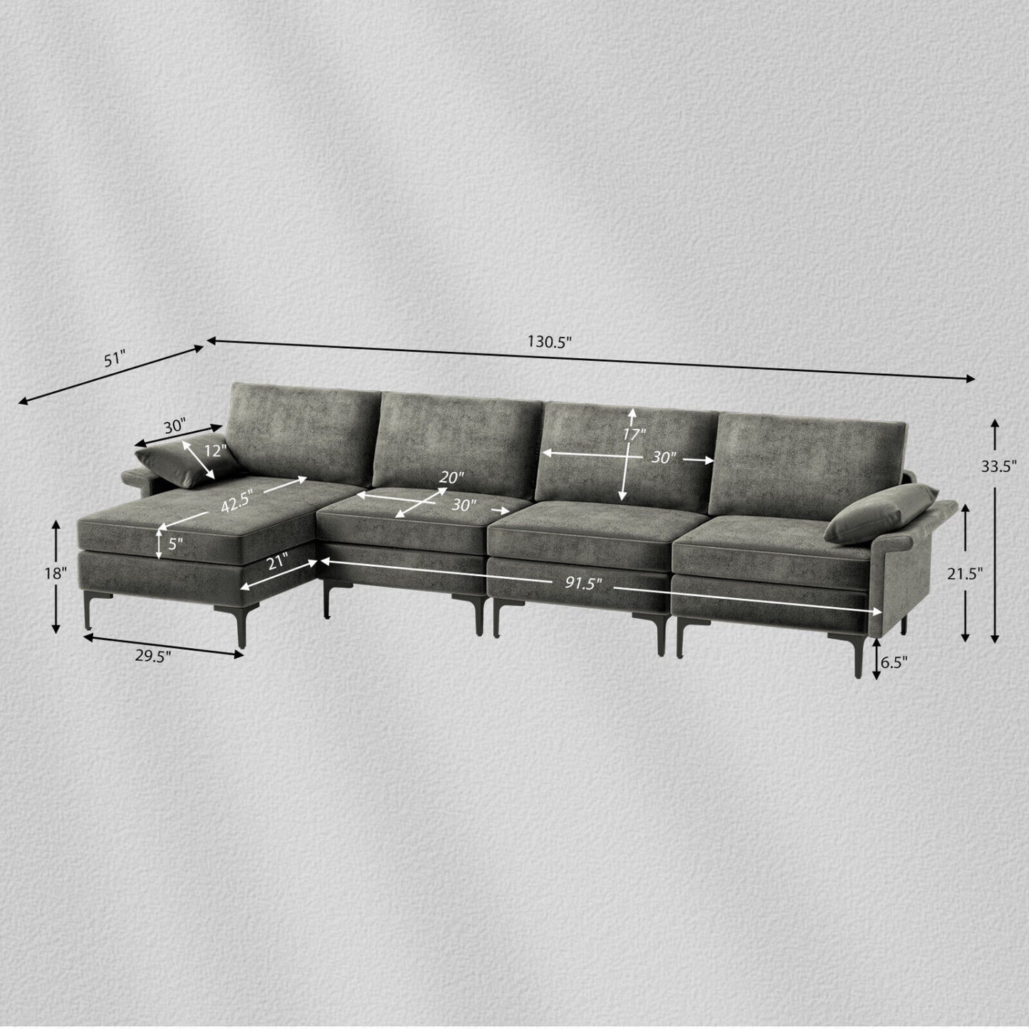 Extra Large L-Shaped Sectional Sofa, Reversible Chaise, 2 USB Ports, Gray Sofas & Loveseats at Gallery Canada