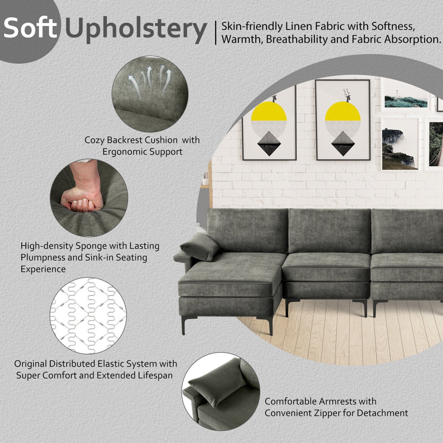 Extra Large L-Shaped Sectional Sofa, Reversible Chaise, 2 USB Ports, Gray Sofas & Loveseats at Gallery Canada