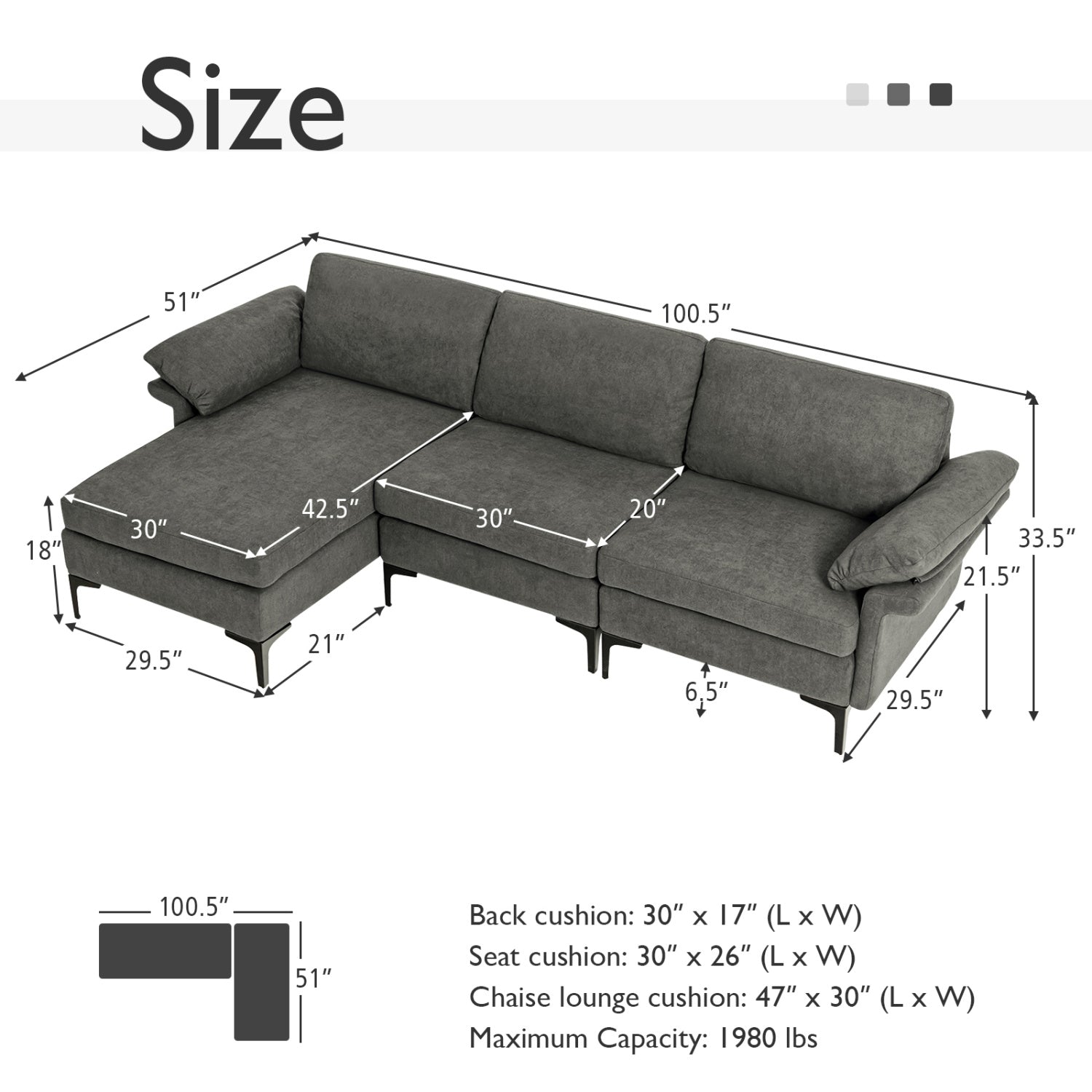 Extra Large Modular L-Shaped Sectional Sofa, For 4-5 People, Gray Sofas & Loveseats at Gallery Canada