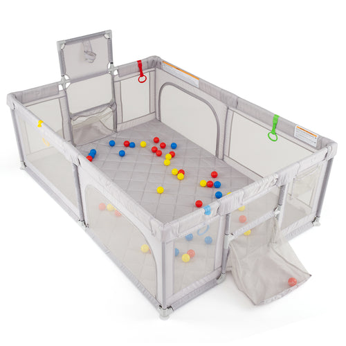 Extra Large Playpen with Basketball Hoop for Babies and Toddlers, Light Gray