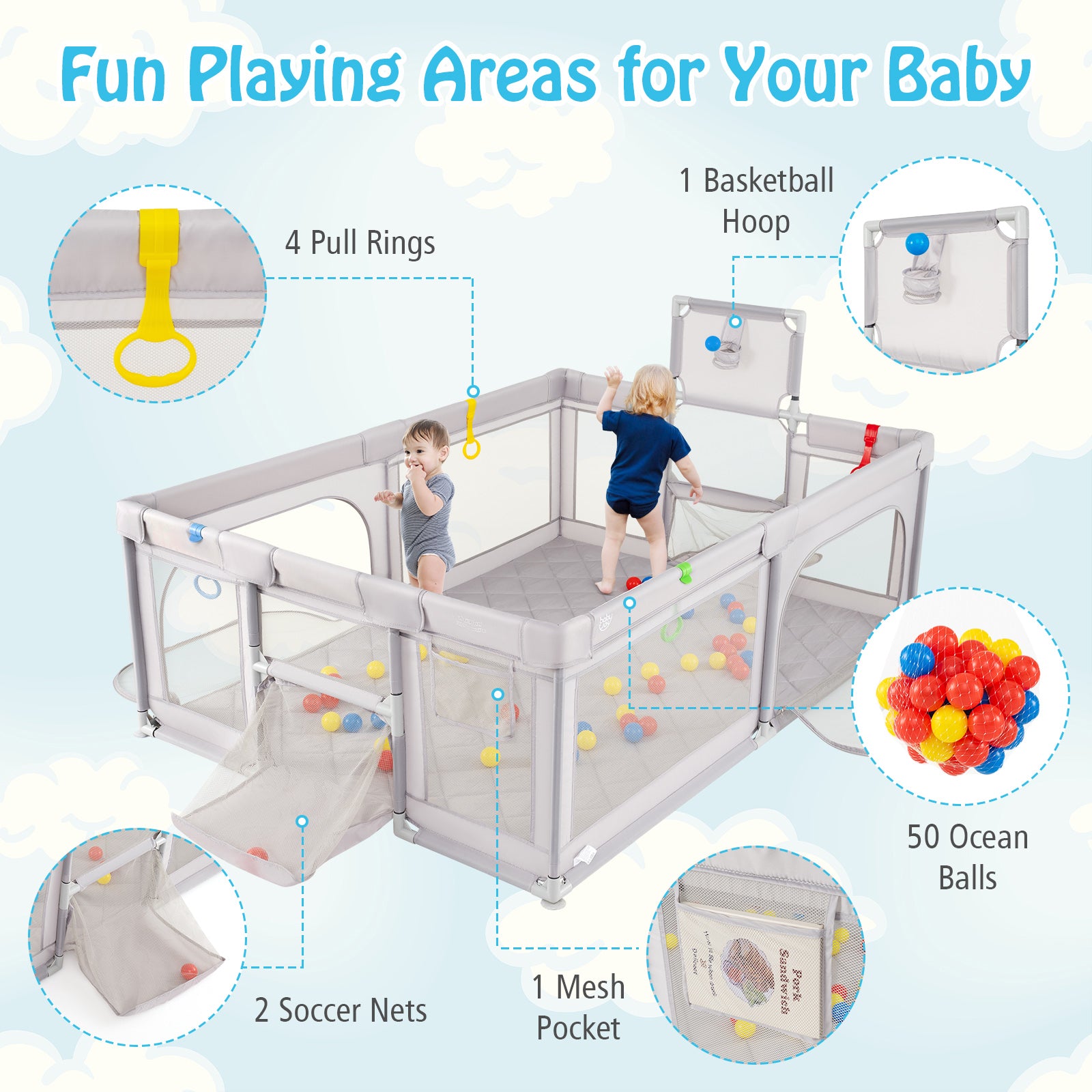 Extra Large Playpen With Basketball Hoop, Light Gray Baby Playpen & Playards at Gallery Canada