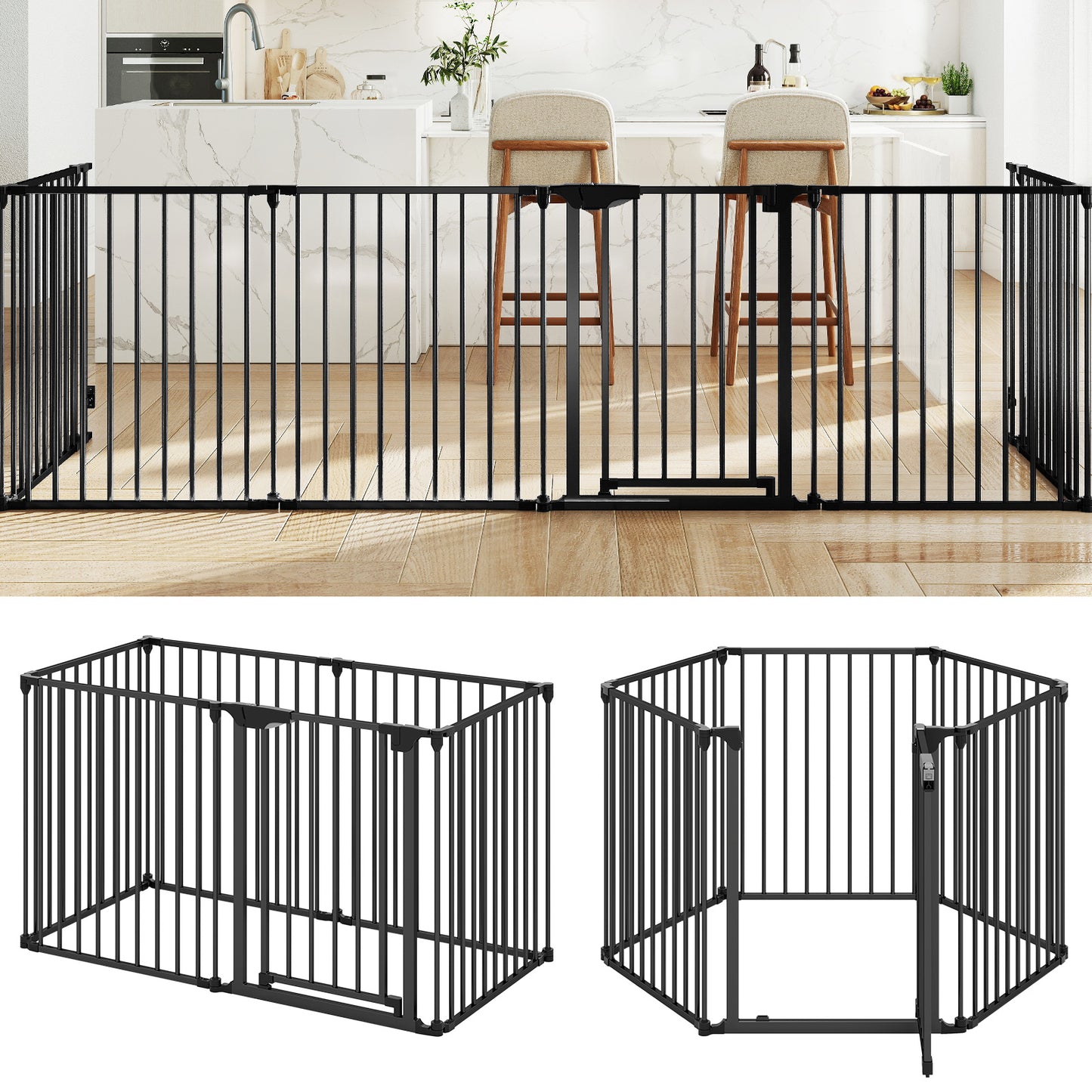 Extra Wide Baby Gate Fits 34.5-154" Openings 6-Panel Adjustable Pet Safety Fence, Black