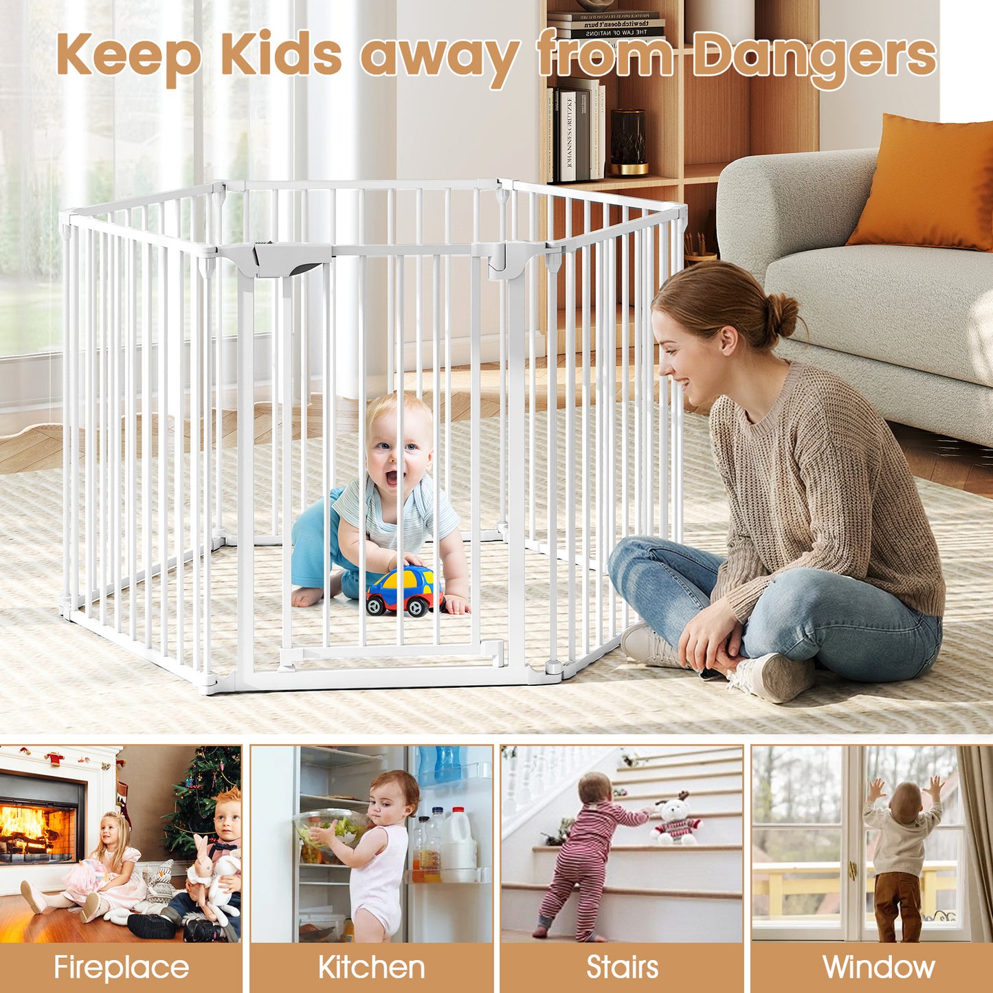 Extra Wide Baby Gate Fits 34.5-154" Openings 6-Panel Adjustable Pet Safety Fence, White