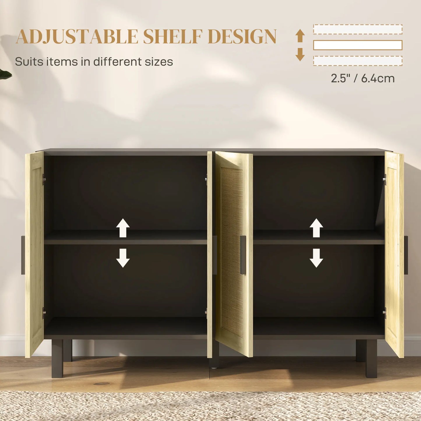 Boho Sideboard Cabinet, 4 Rattan Doors, Adjustable Shelves, Black Storage Cabinets at Gallery Canada