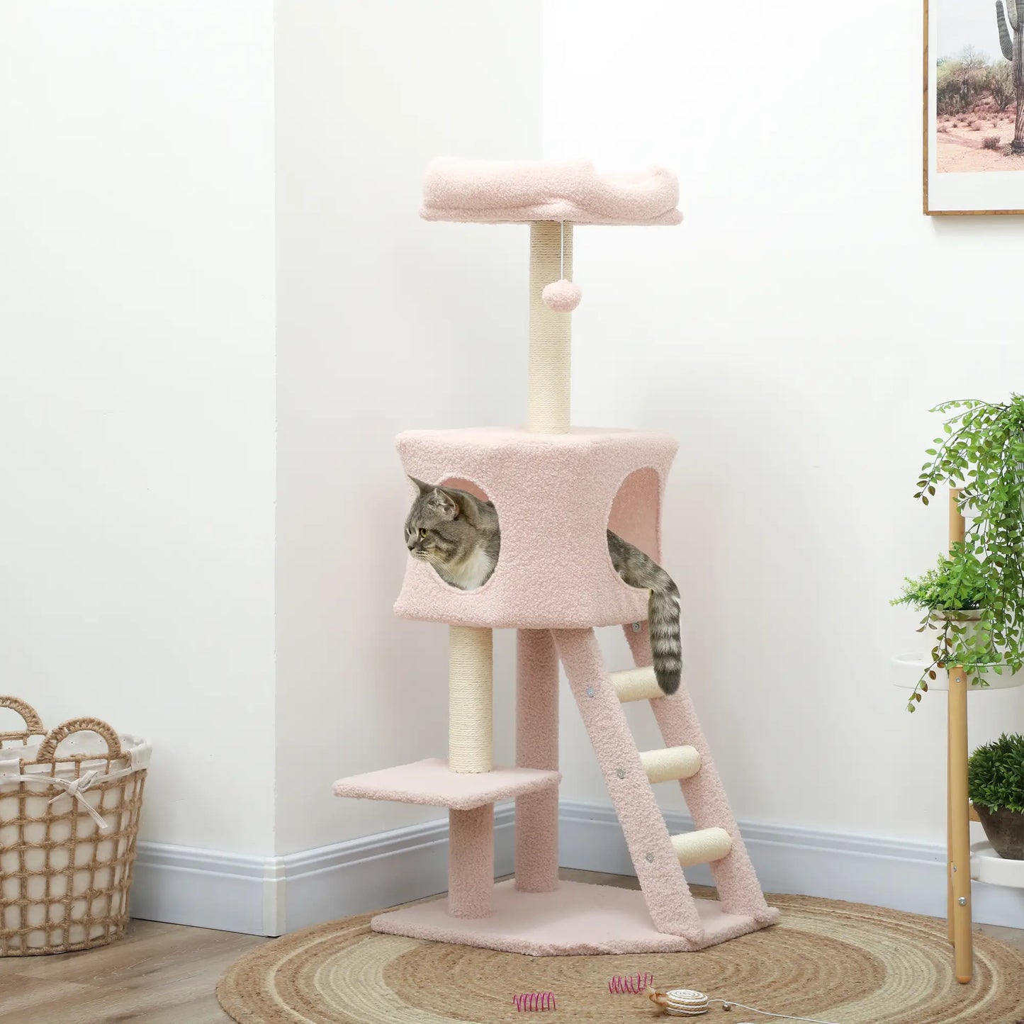 47" Tall Cat Tree Tower, Condo, Ladder, Scratching Posts, Pink Cat Trees at Gallery Canada
