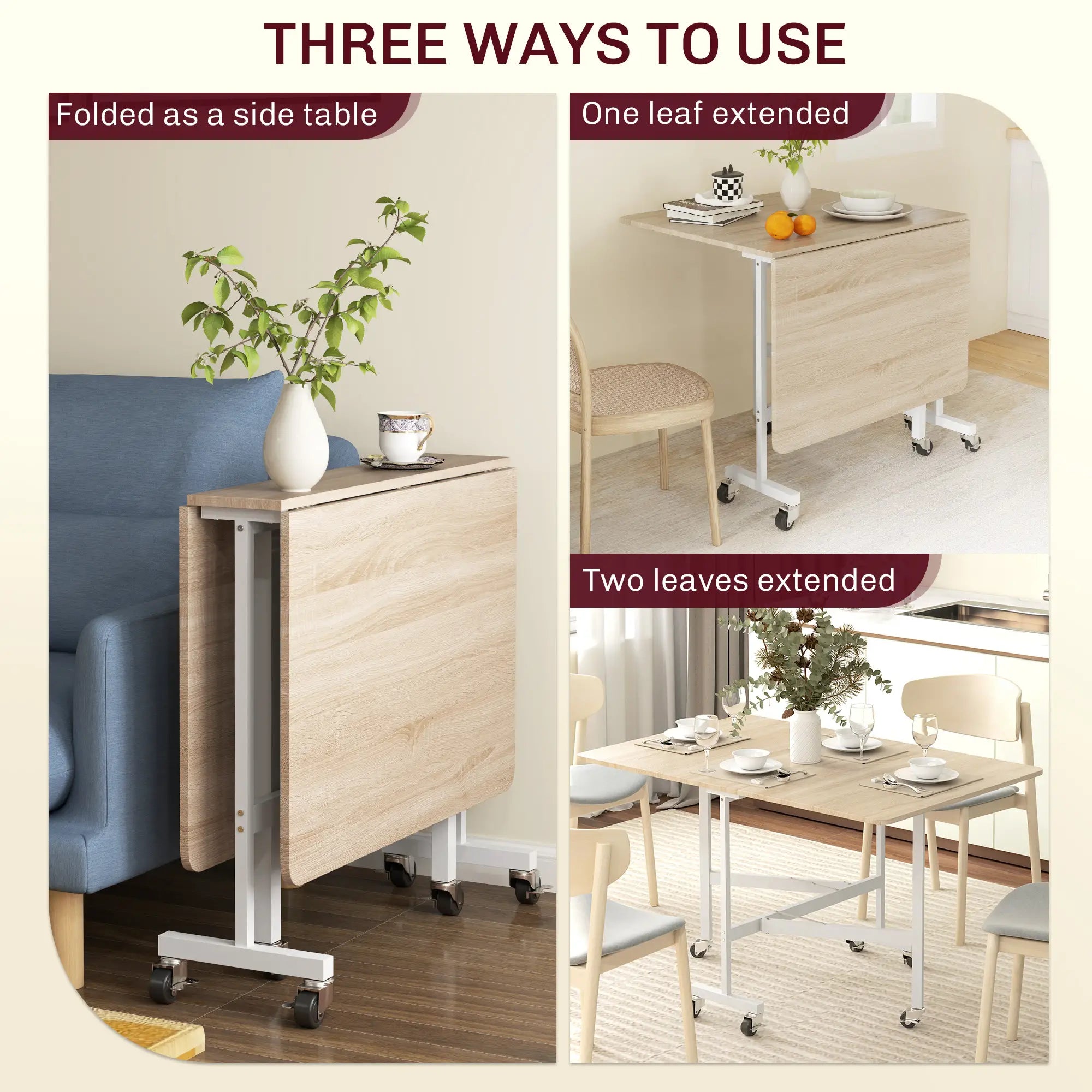 6-Seater Drop-Leaf Dining Table With Wheels, Oak Dining Tables at Gallery Canada