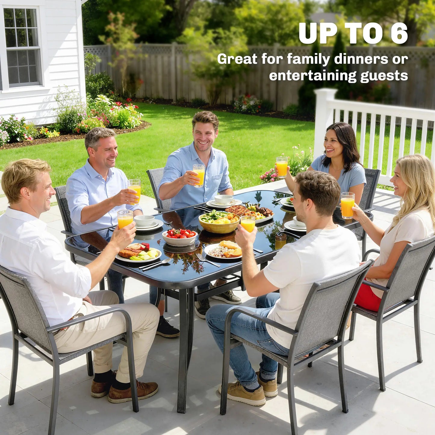 Outdoor Dining Table For 6, Metal Patio Table With Tempered Glass Top