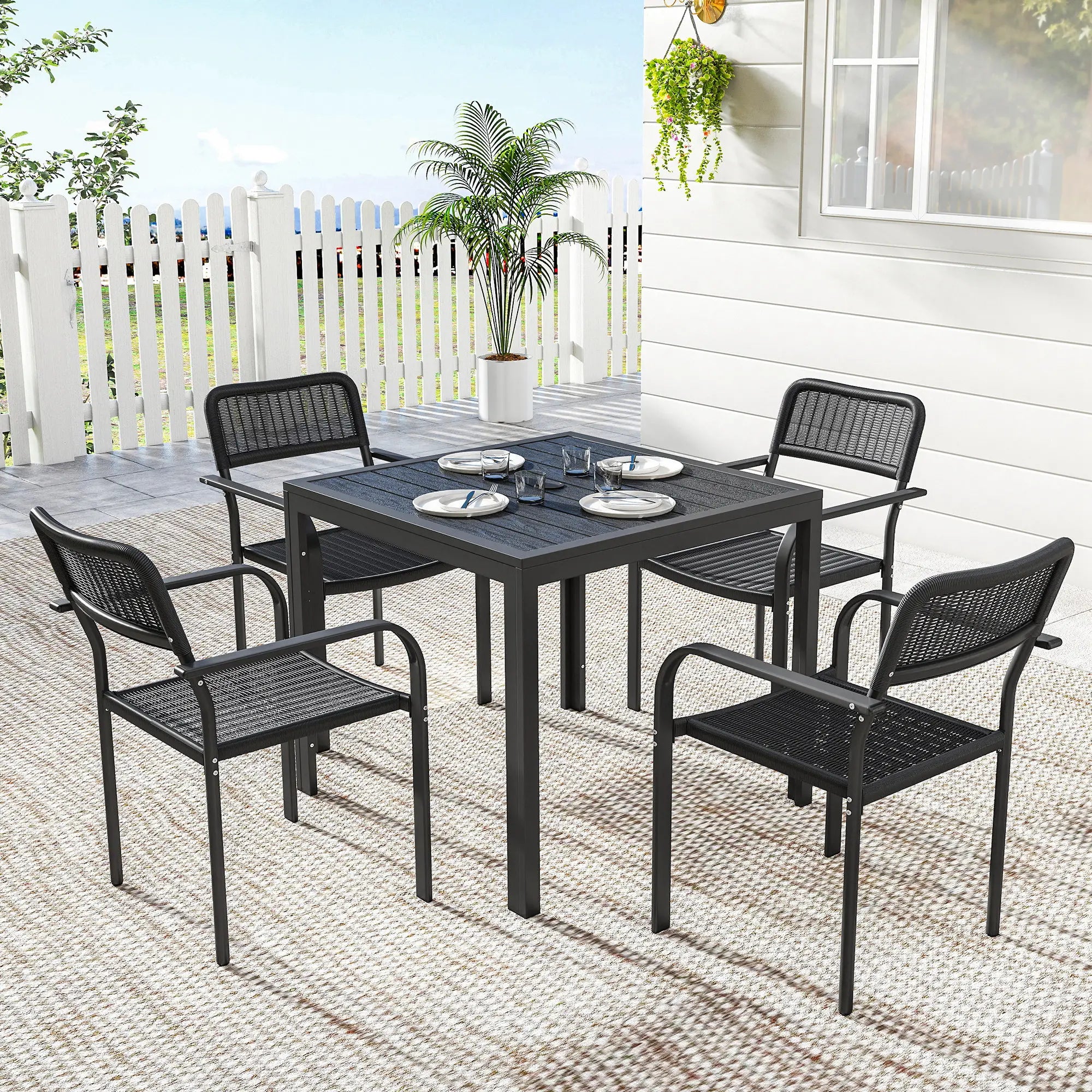 Outdoor Dining Set For 4, Faux Wood Metal Patio Table, Stackable Chairs, Black Outdoor Dining Sets at Gallery Canada