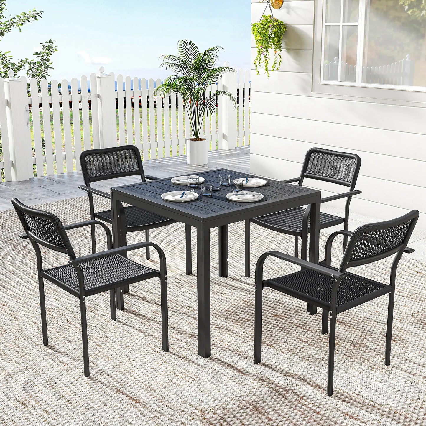 Outdoor Dining Set For 4, Faux Wood Metal Patio Table, Stackable Chairs, Black Outdoor Dining Sets at Gallery Canada