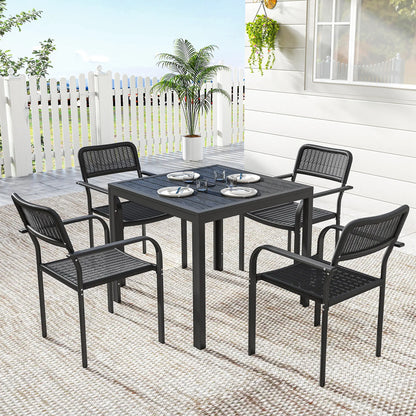 Outdoor Dining Set For 4, Faux Wood Metal Patio Table, Stackable Chairs, Black Outdoor Dining Sets at Gallery Canada