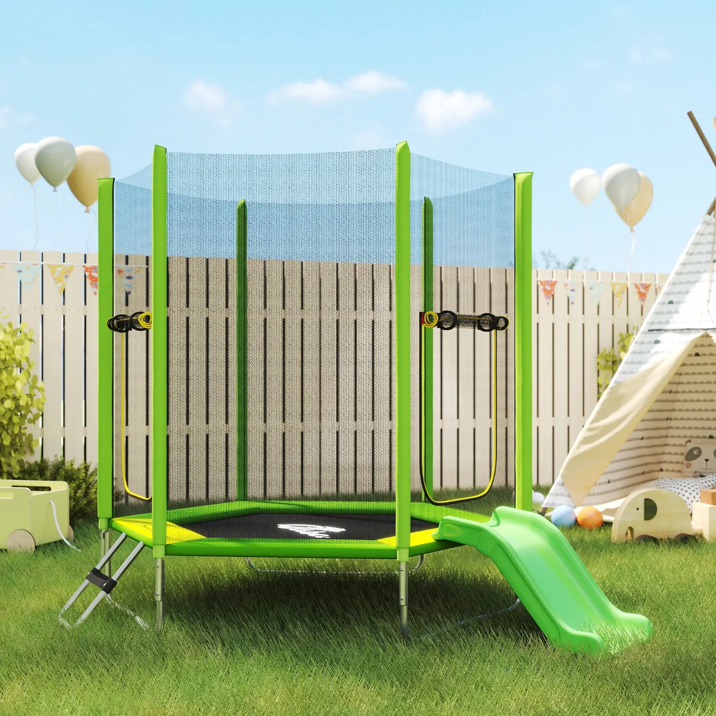 85" Trampoline With Safety Enclosure, Slide Ladder, Ages 3+, Green Trampolines at Gallery Canada