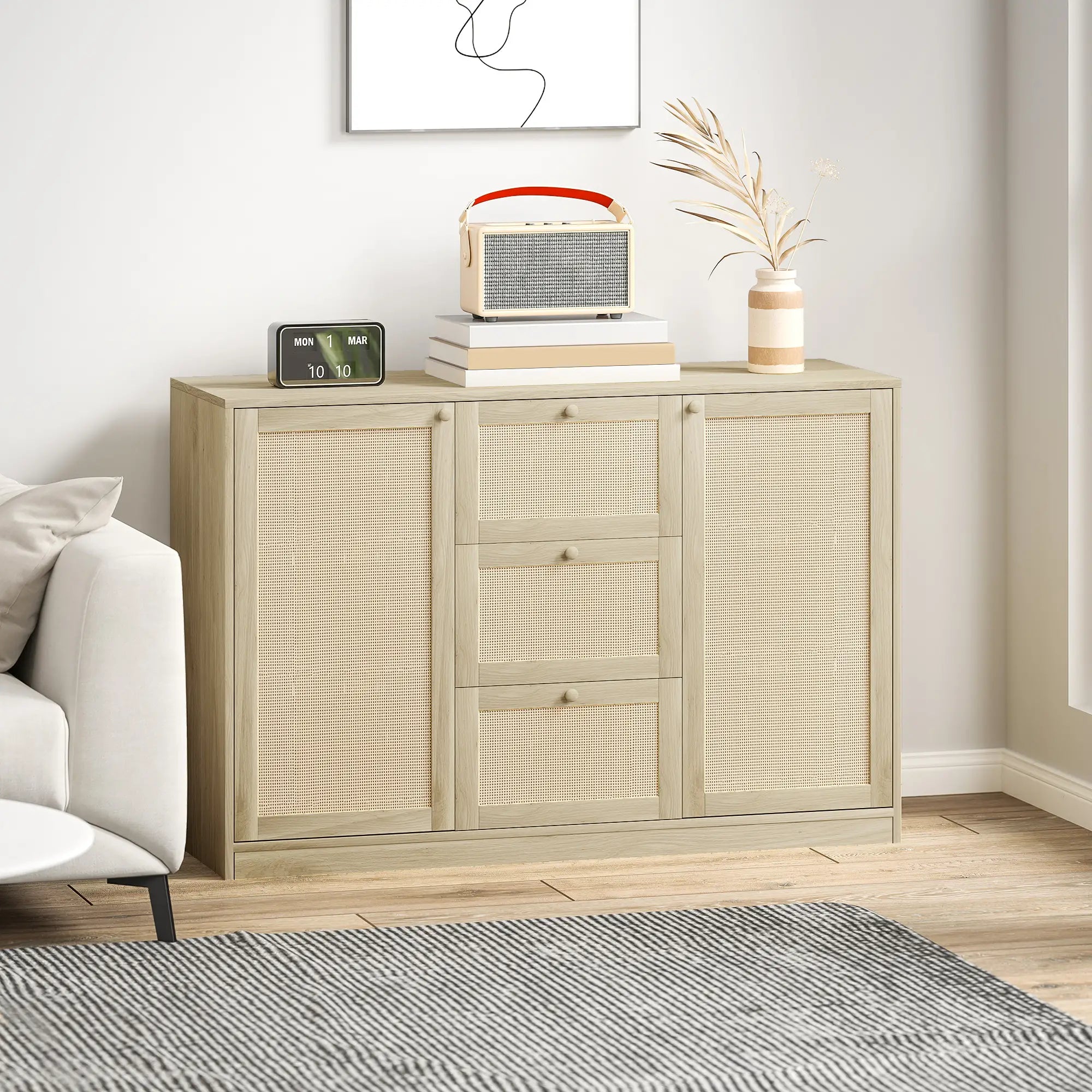 Boho Sideboard Buffet Cabinet, Kitchen Coffee Bar, 3 Drawers, 2 Shelves, 4 Racks, Natural Storage Cabinets at Gallery Canada