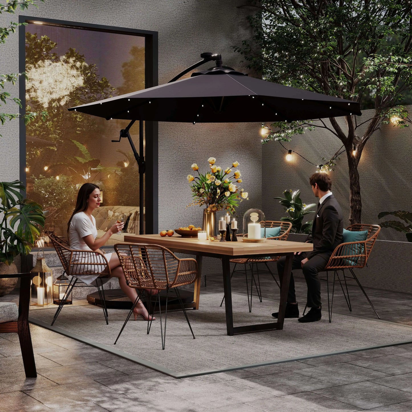 9.5' Offset Patio Umbrella with Solar LED Lights, Dark Grey Cantilever Umbrellas at Gallery Canada