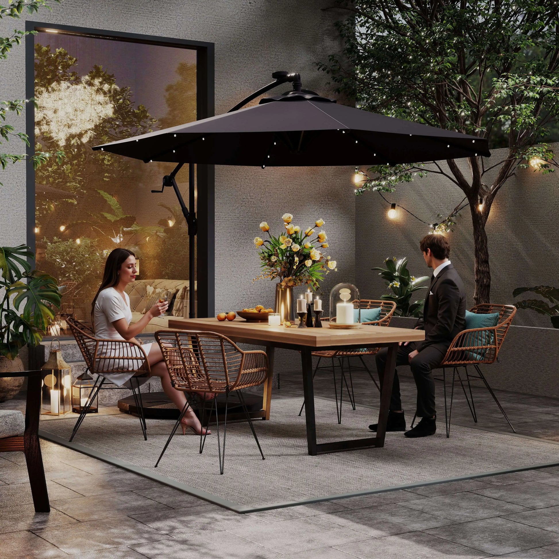 9.5' Offset Patio Umbrella with Solar LED Lights, Dark Grey Cantilever Umbrellas at Gallery Canada