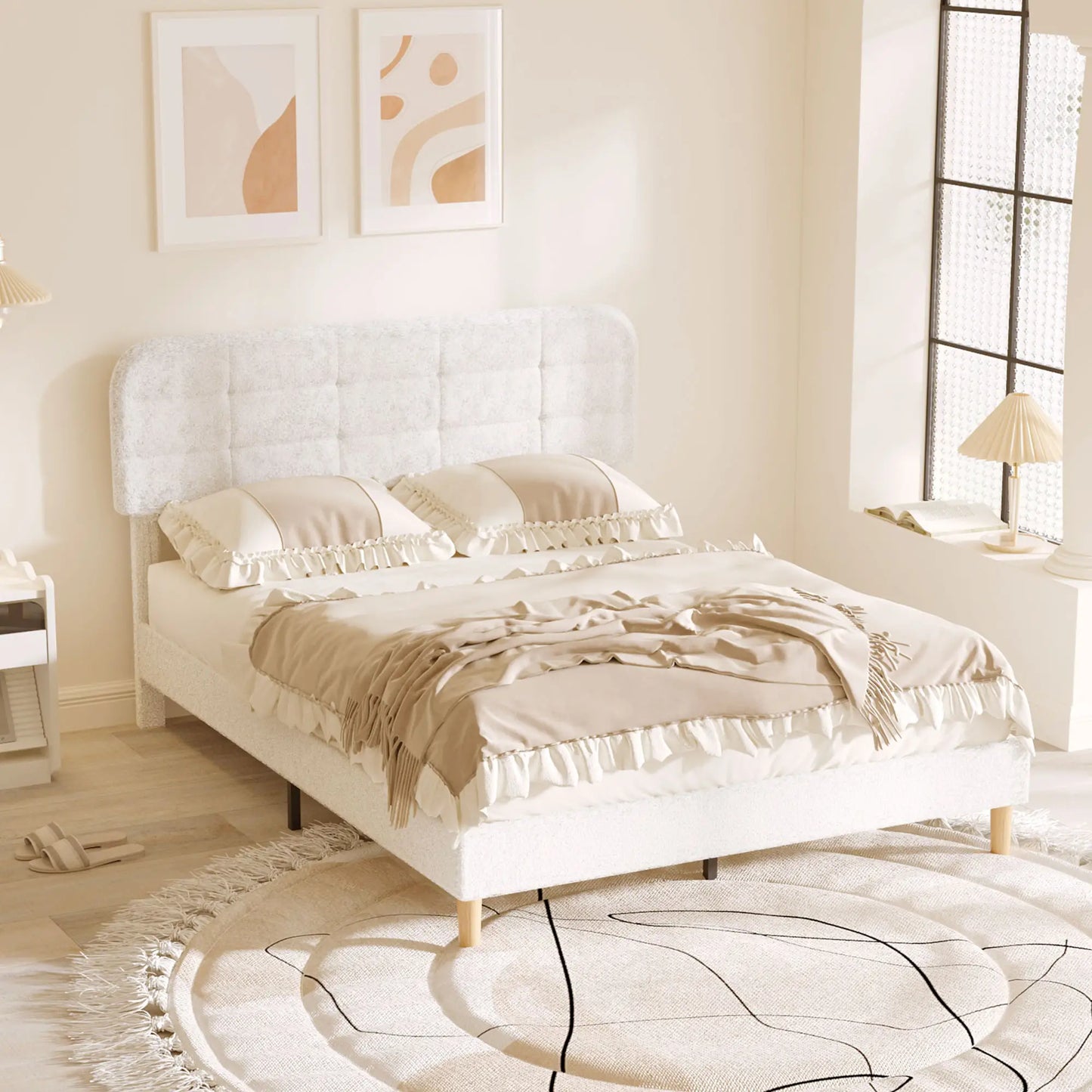 Queen Size Upholstered Platform Bed Frame, Adjustable Headboard, White Bed Frames at Gallery Canada