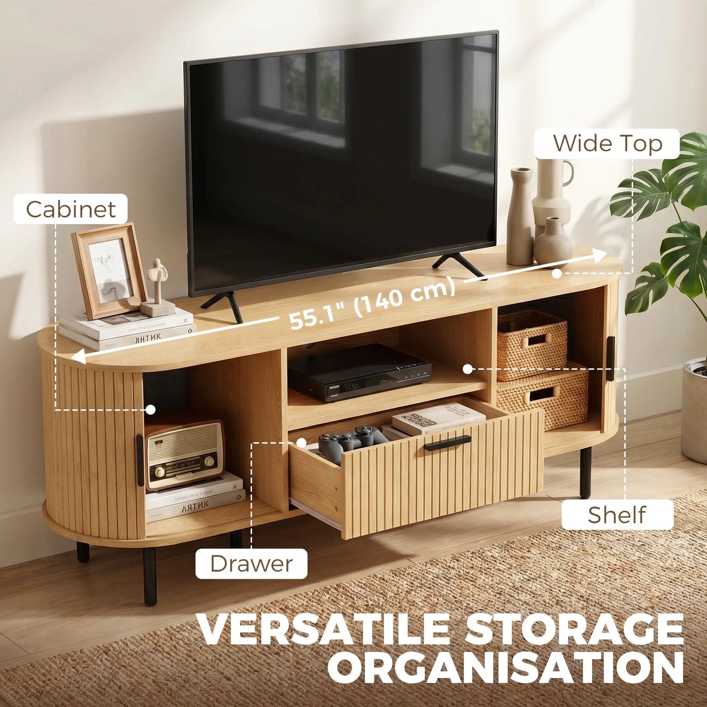 TV Stand for TVs up to 60", Modern Entertainment Center with Curved Sliding Doors and Storage, Natural Wood