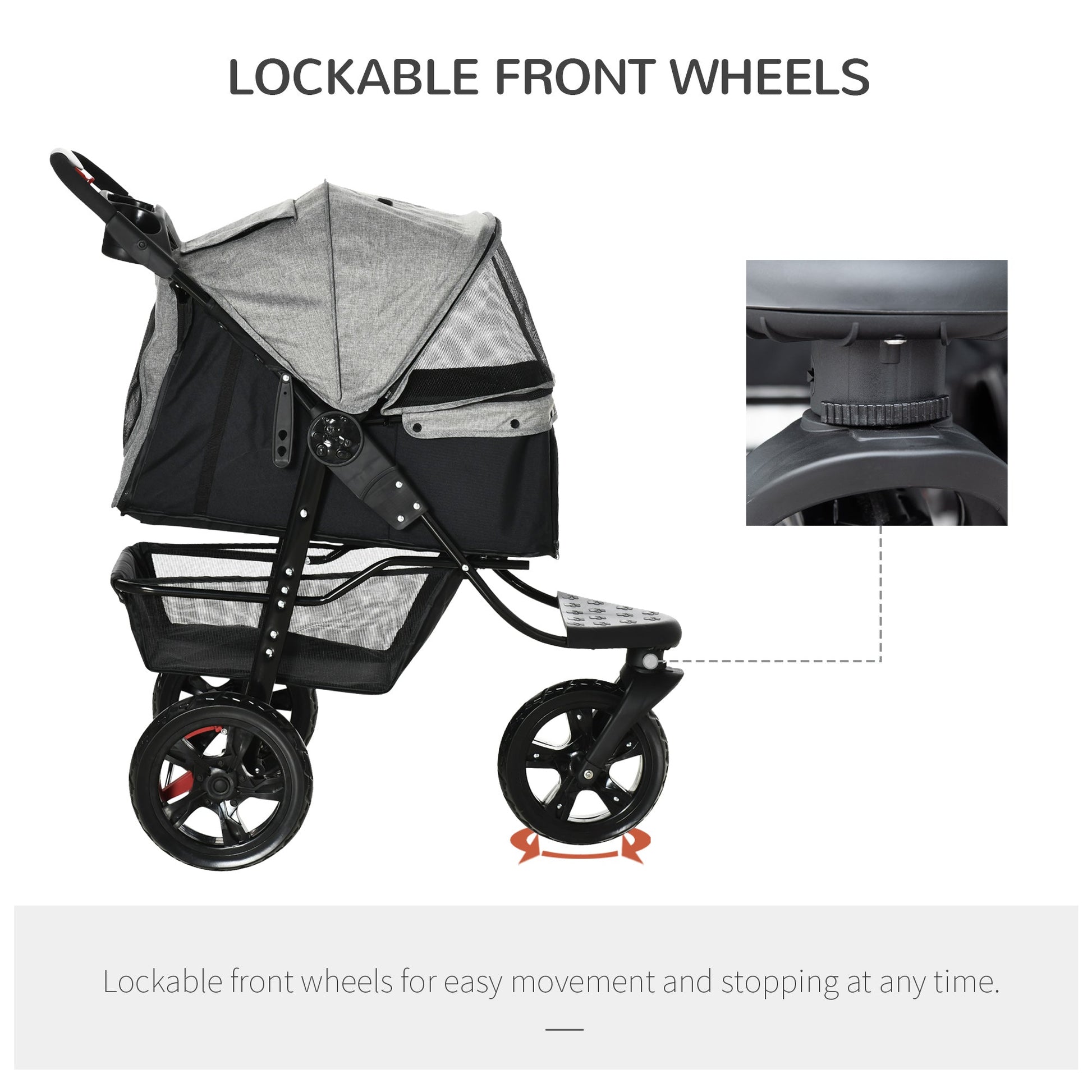 3 Wheel Folding Dog Stroller, Jogger Travel Carrier with Adjustable Canopy, Storage Brake, Mesh Window for S&;M Dogs Grey at Gallery Canada