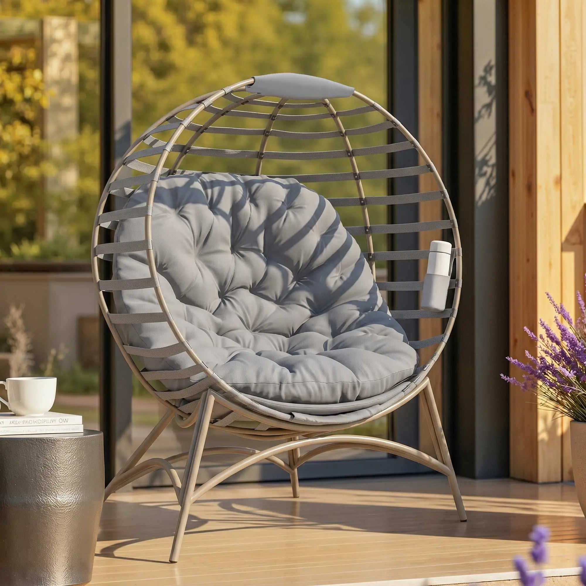 Egg Patio Lounge Chair, Foldable, with Cushion & Pocket, Light Grey, Light Grey Patio Chairs at Gallery Canada