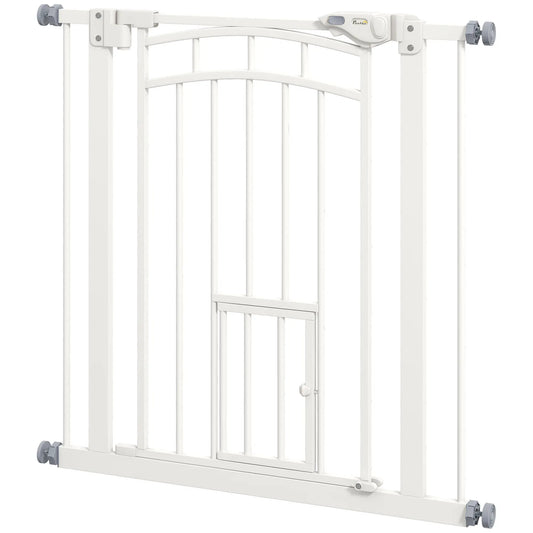 Auto-Close Pet Gate, Cat Door, Double Locking, Fits 29"-31.5" Wide, White Houses, Kennels & Pens White at Gallery Canada