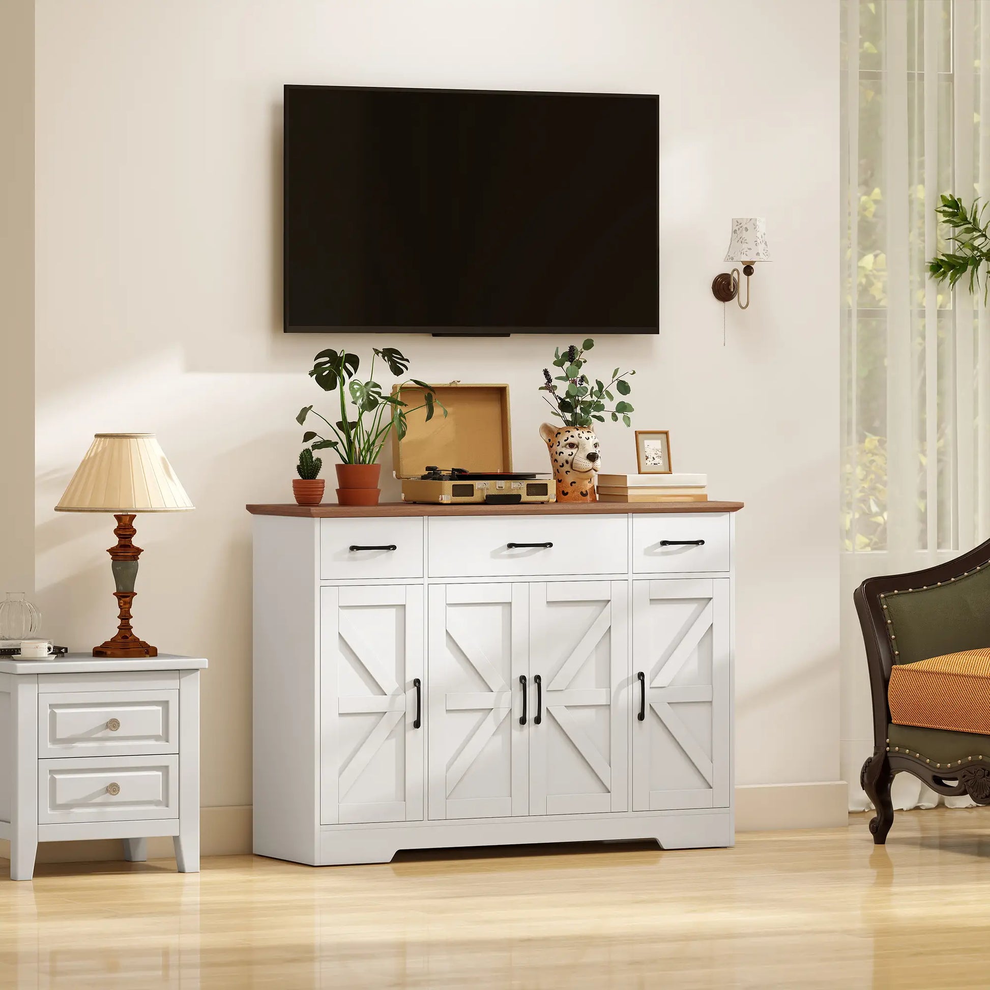 47" Buffet Cabinet, Farmhouse Sideboard, 3 Drawers, Adjustable Shelves, White Bar Cabinets at Gallery Canada