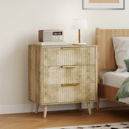 Fluted Chest of Drawers, Modern 3 Drawer Dresser with Pine Wood Legs, Oak