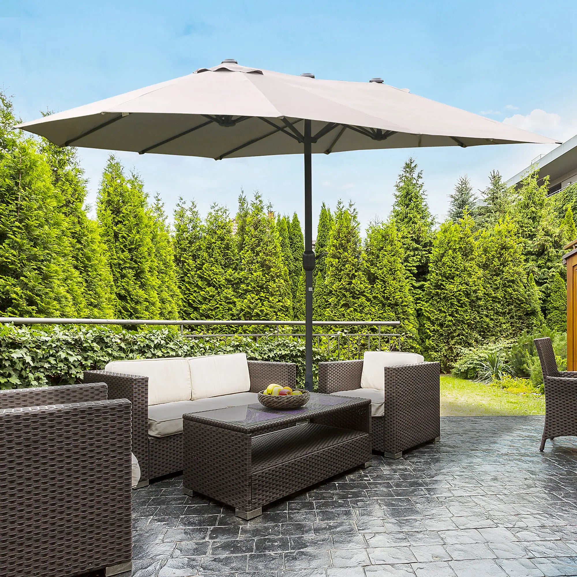 15' Outdoor Patio Umbrella, Twin Canopy Sunshade, Steel Table, Light Grey Double-sided Umbrellas at Gallery Canada