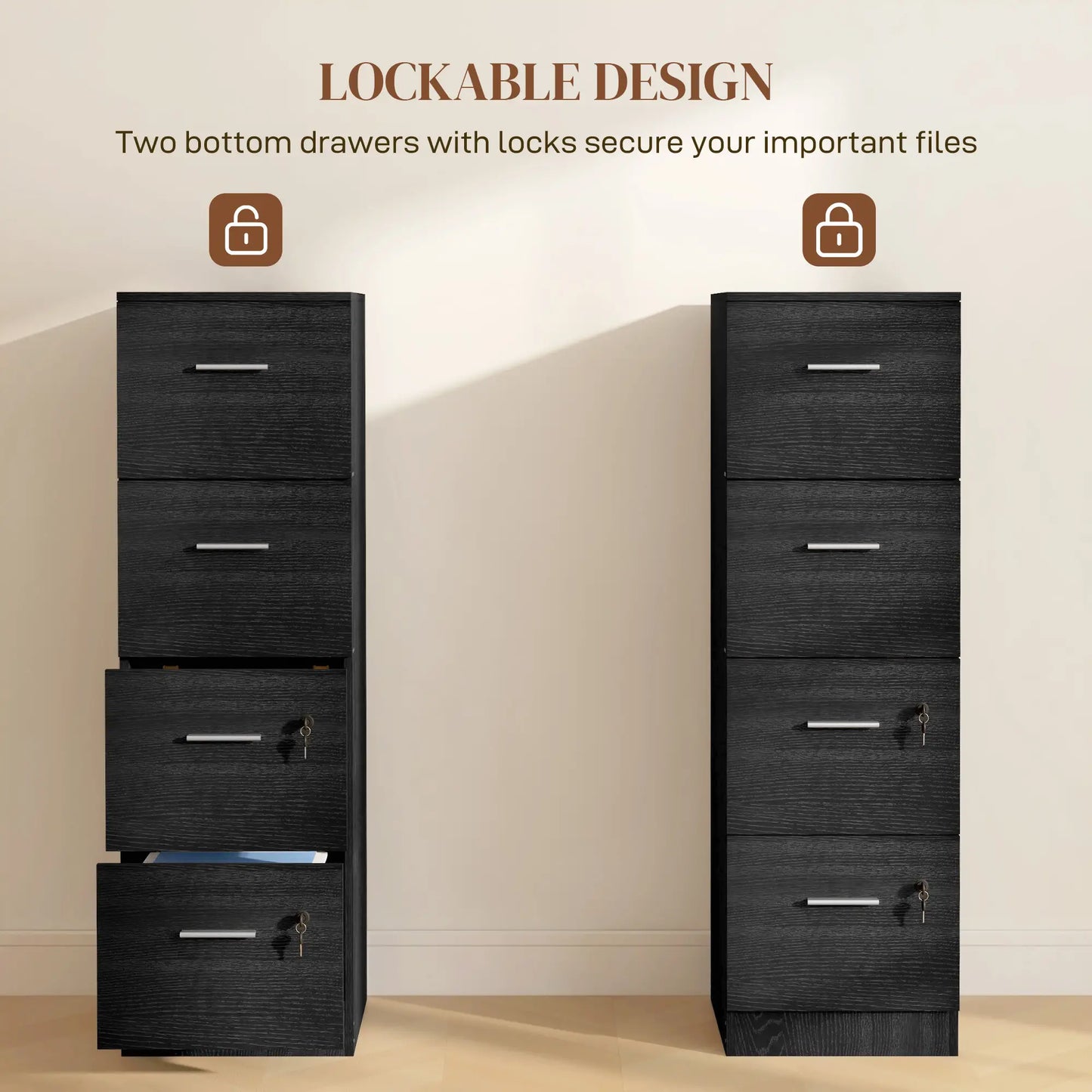 4 Drawer Vertical Filing Cabinet with Lock, Adjustable Hanging Bar, Black Office Cabinets & Cupboards at Gallery Canada