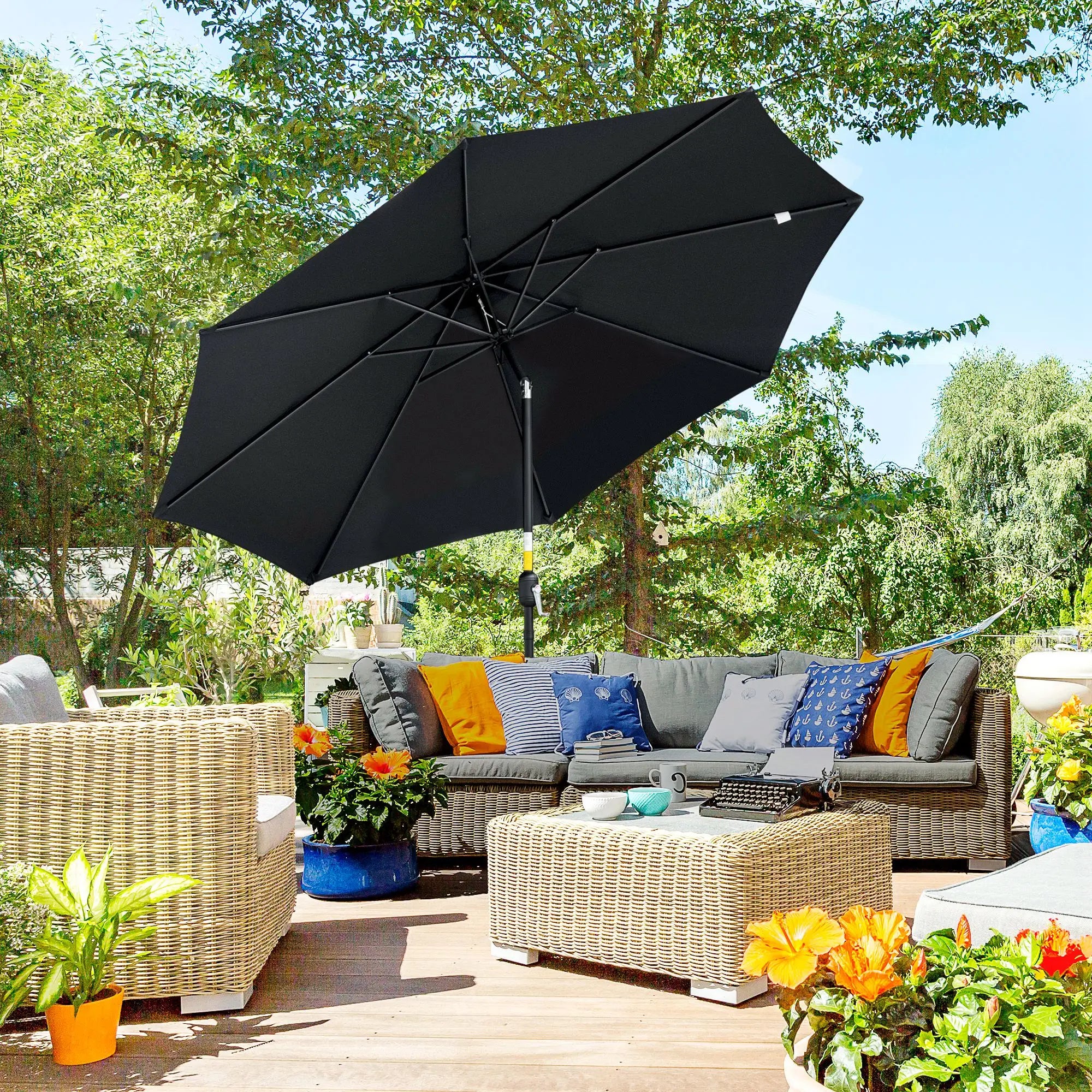 10' x 8' Round Market Umbrella, Crank Handle, Tilt, Black Sun Umbrellas at Gallery Canada