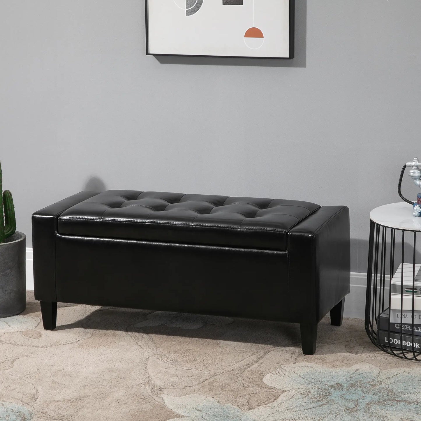 Storage Ottoman Bench, PU Leather Upholstered, Tufted Design, Black Storage Ottomans & Benches at Gallery Canada