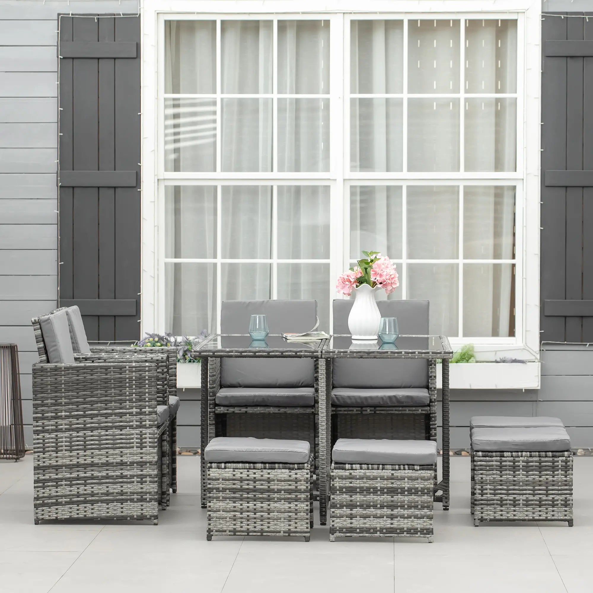 9-Piece Wicker Patio Dining Set, Removable Cushions, Glass Table, Grey Outdoor Dining Sets at Gallery Canada
