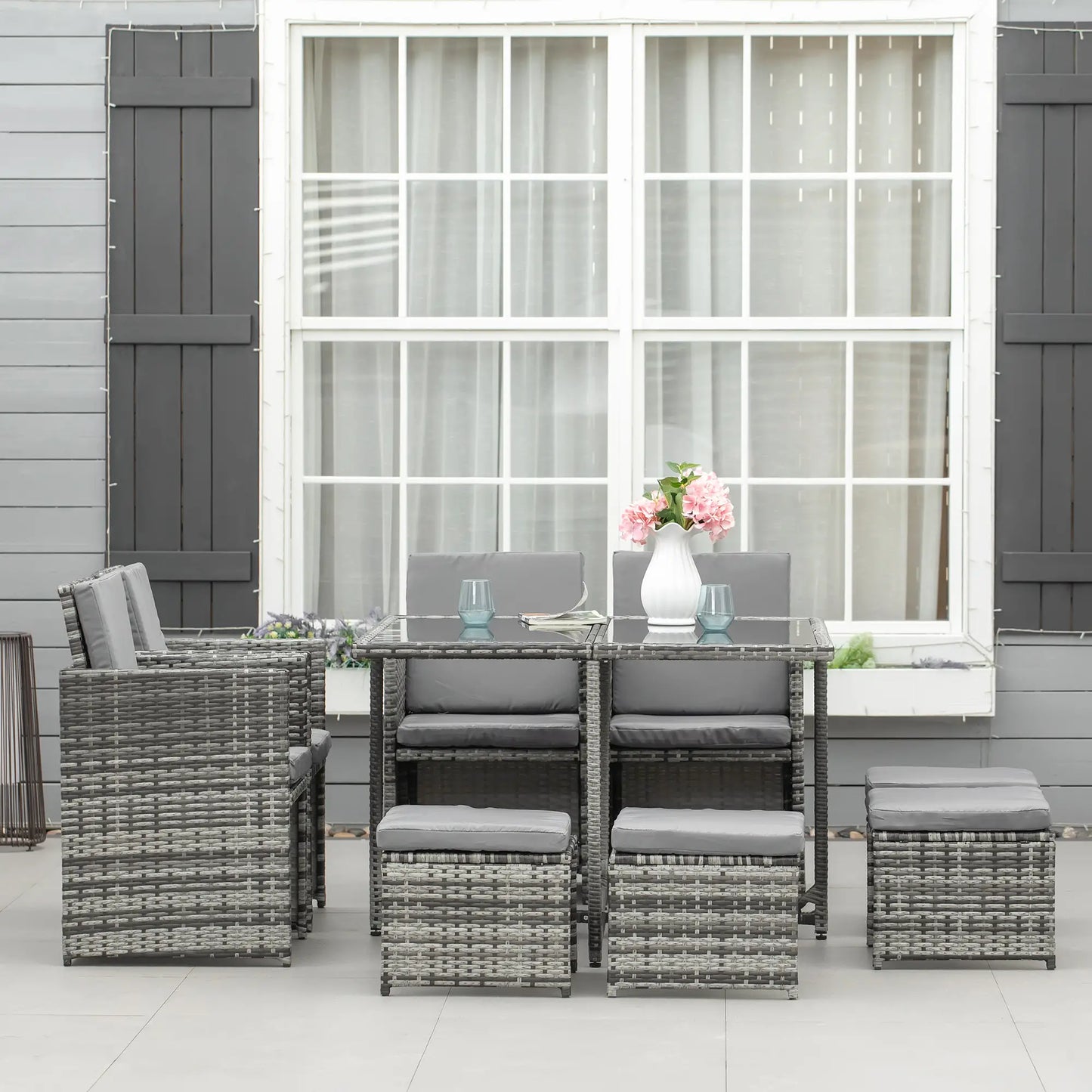 9-Piece Wicker Patio Dining Set, Removable Cushions, Glass Table, Grey Outdoor Dining Sets at Gallery Canada