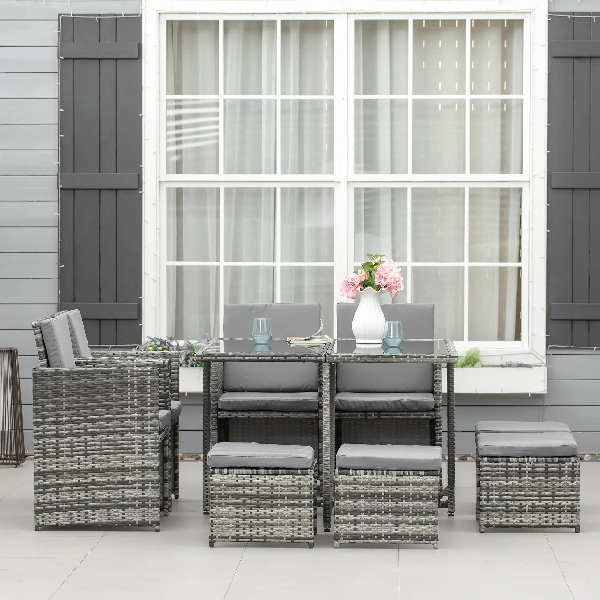 9-Piece Wicker Patio Dining Set, Removable Cushions, Glass Table, Grey Outdoor Dining Sets at Gallery Canada
