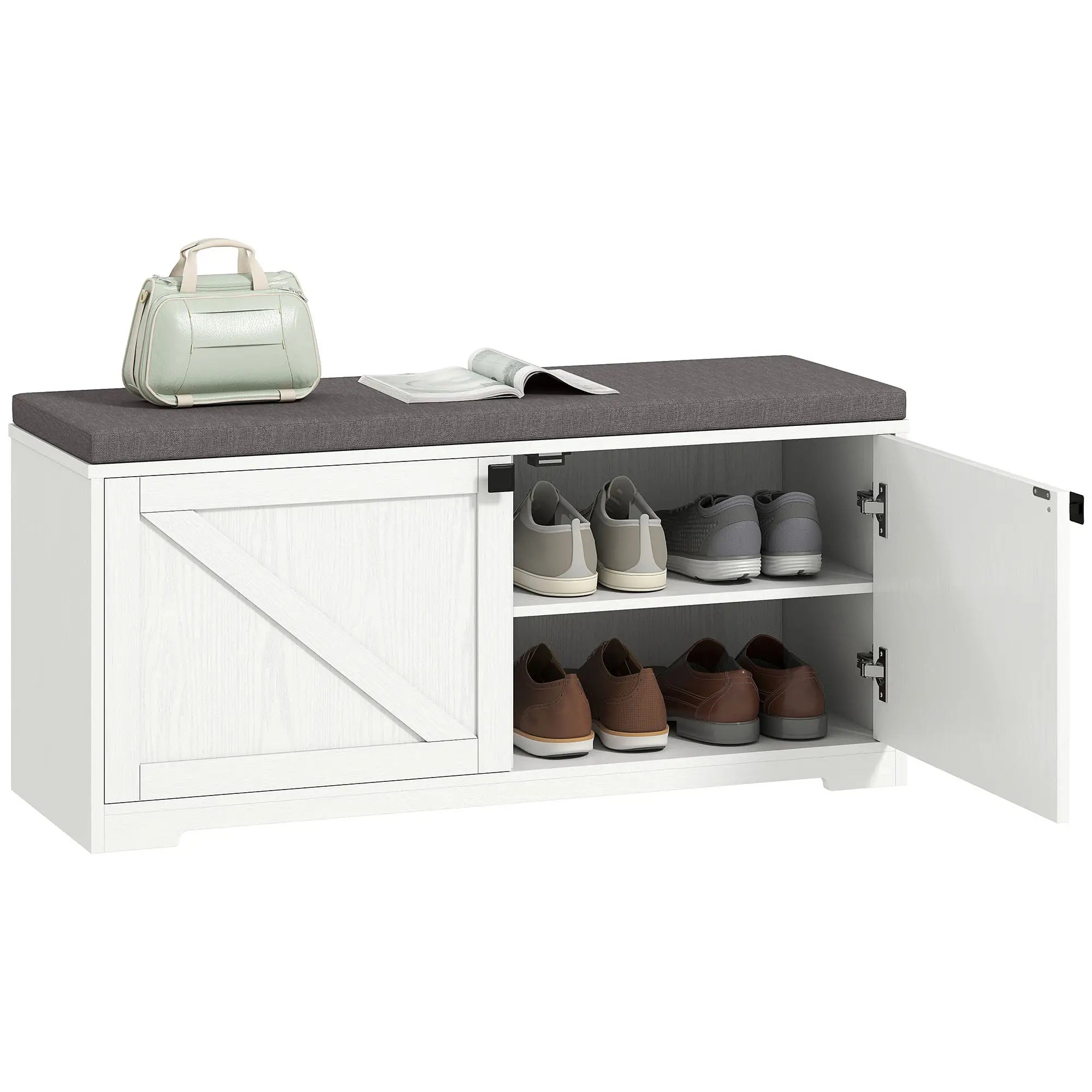 Shoe Storage Bench with Padded Seat, 8 Pairs, White Wood Grain, White Shoe Storage Cabinets & Racks at Gallery Canada