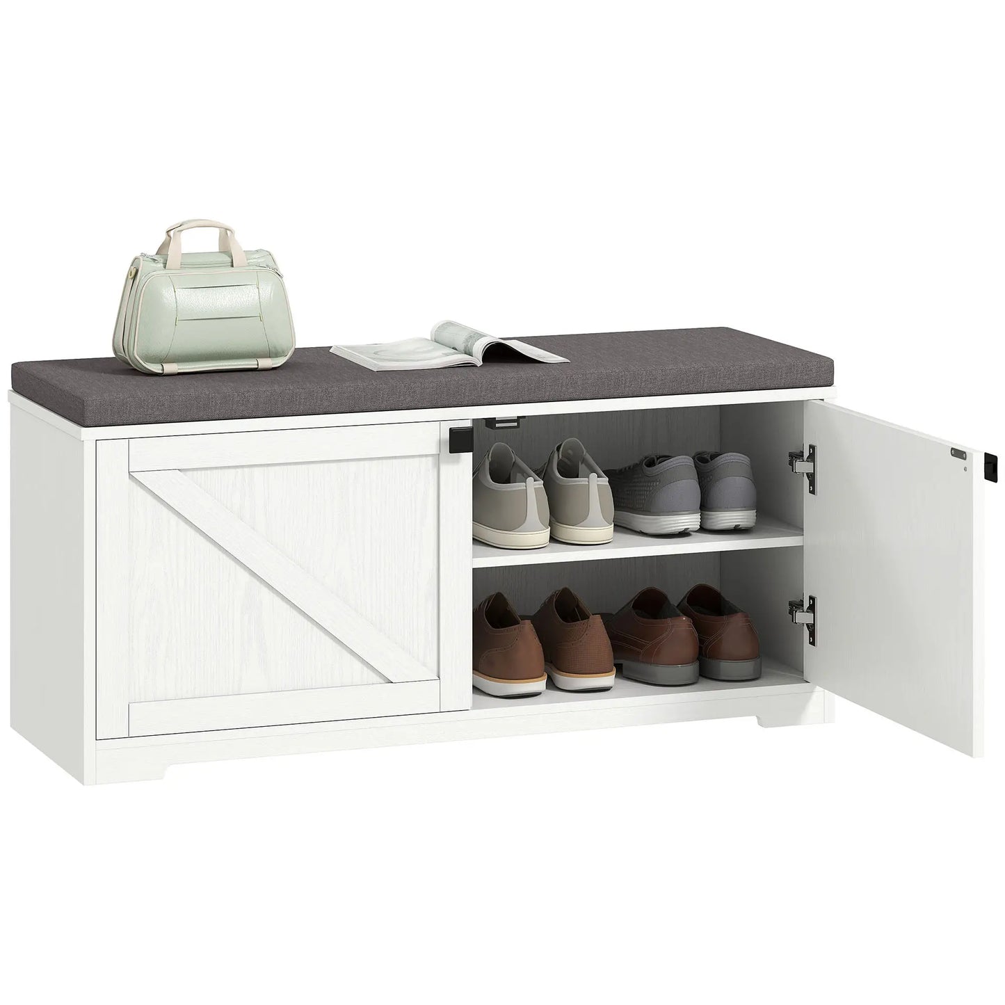 Shoe Storage Bench with Padded Seat, 8 Pairs, White Wood Grain, White Shoe Storage Cabinets & Racks at Gallery Canada