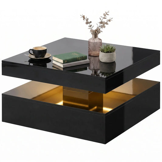 LED Coffee Table with Storage, 2-Tier Modern Center Table with Open Shelf and Remote for Living Room, High Gloss Black Coffee Tables High Gloss Black at Gallery Canada