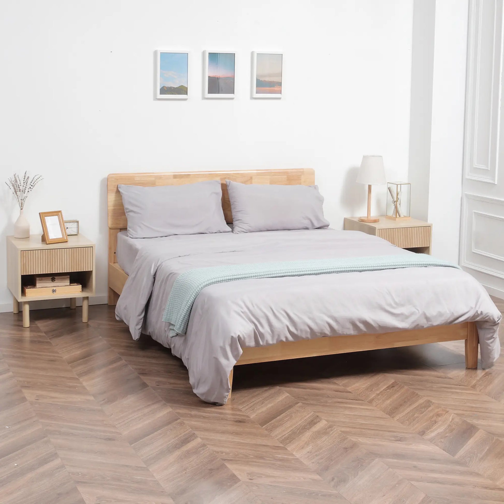 Set of 2 Nightstands, Storage Shelf, Drawer, Natural Wood Bedside Tables at Gallery Canada