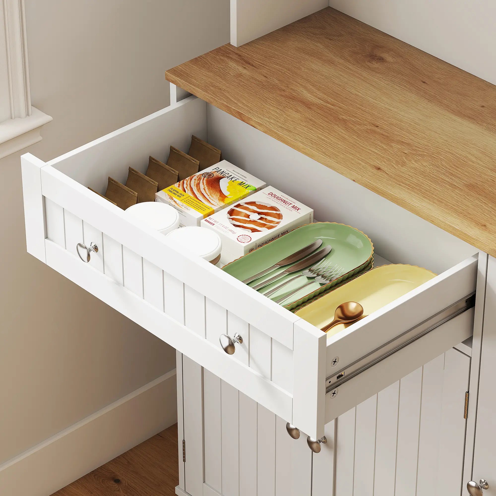 68 Inch Pantry Cabinet with Charging Station, Microwave Stand, 4 Door Racks, White Kitchen Pantry Cabinets at Gallery Canada