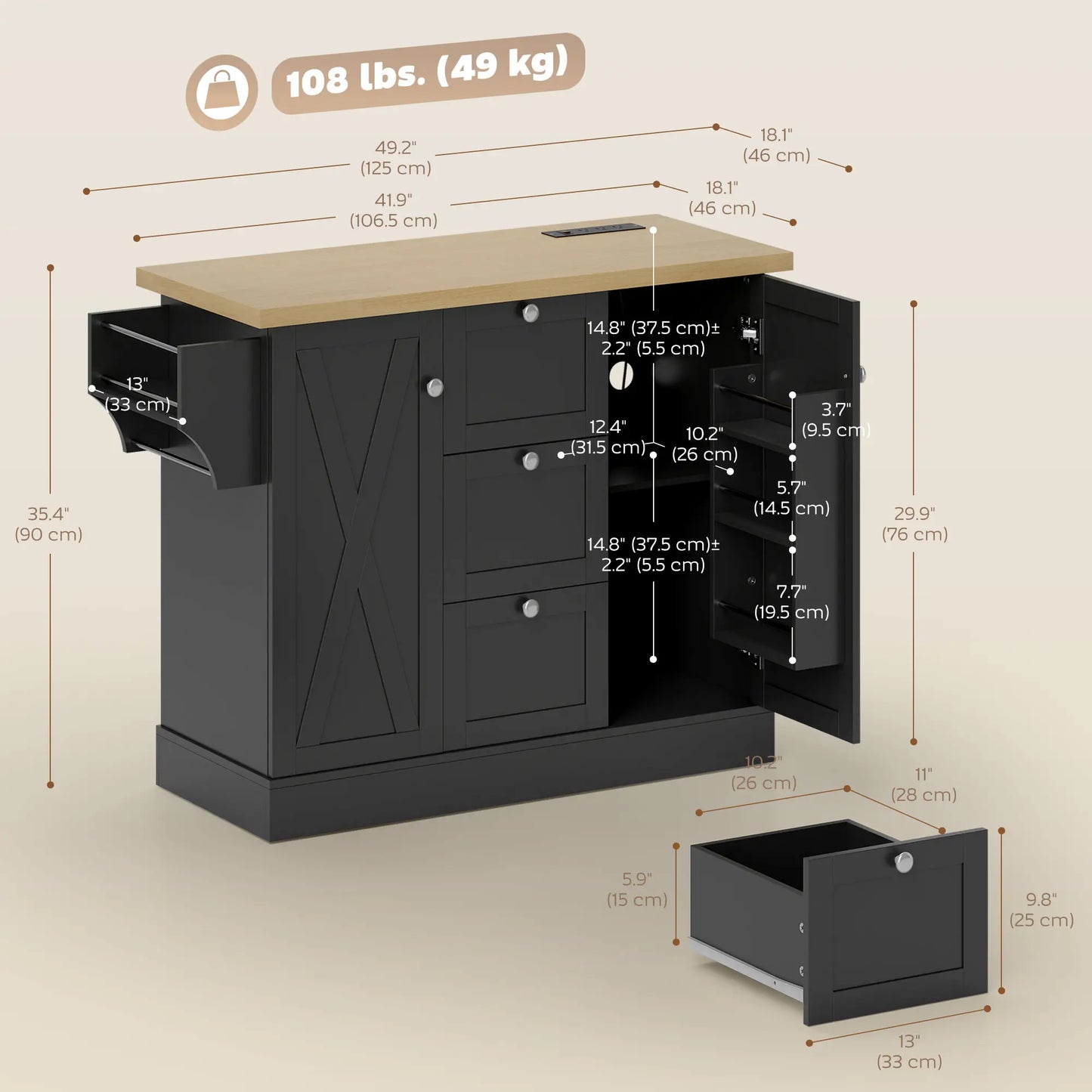 Farmhouse Kitchen Island Cart with Power Outlet, 49 Inch, Black Kitchen Islands & Kitchen Carts at Gallery Canada